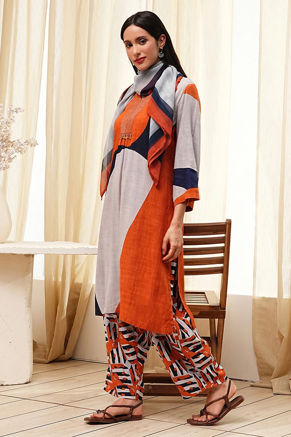 Orange-Beige Viscose Rayon Straight Printed Fusion Set image number 6