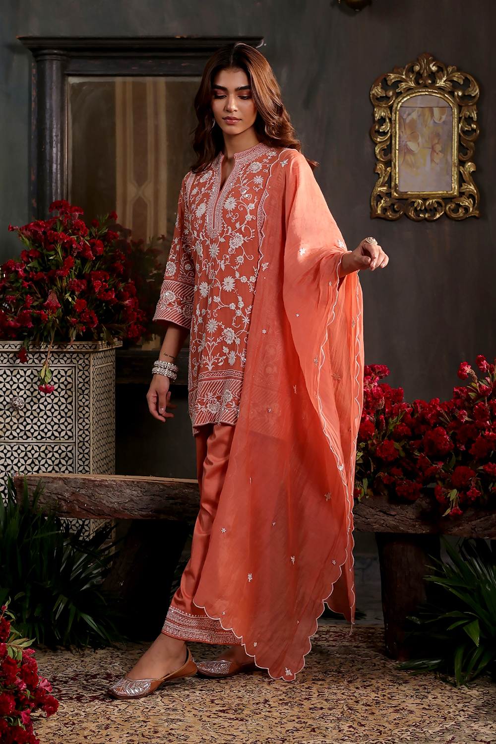 Earthy Blue Chanderi Embroidered Straight Suit Set image number 3