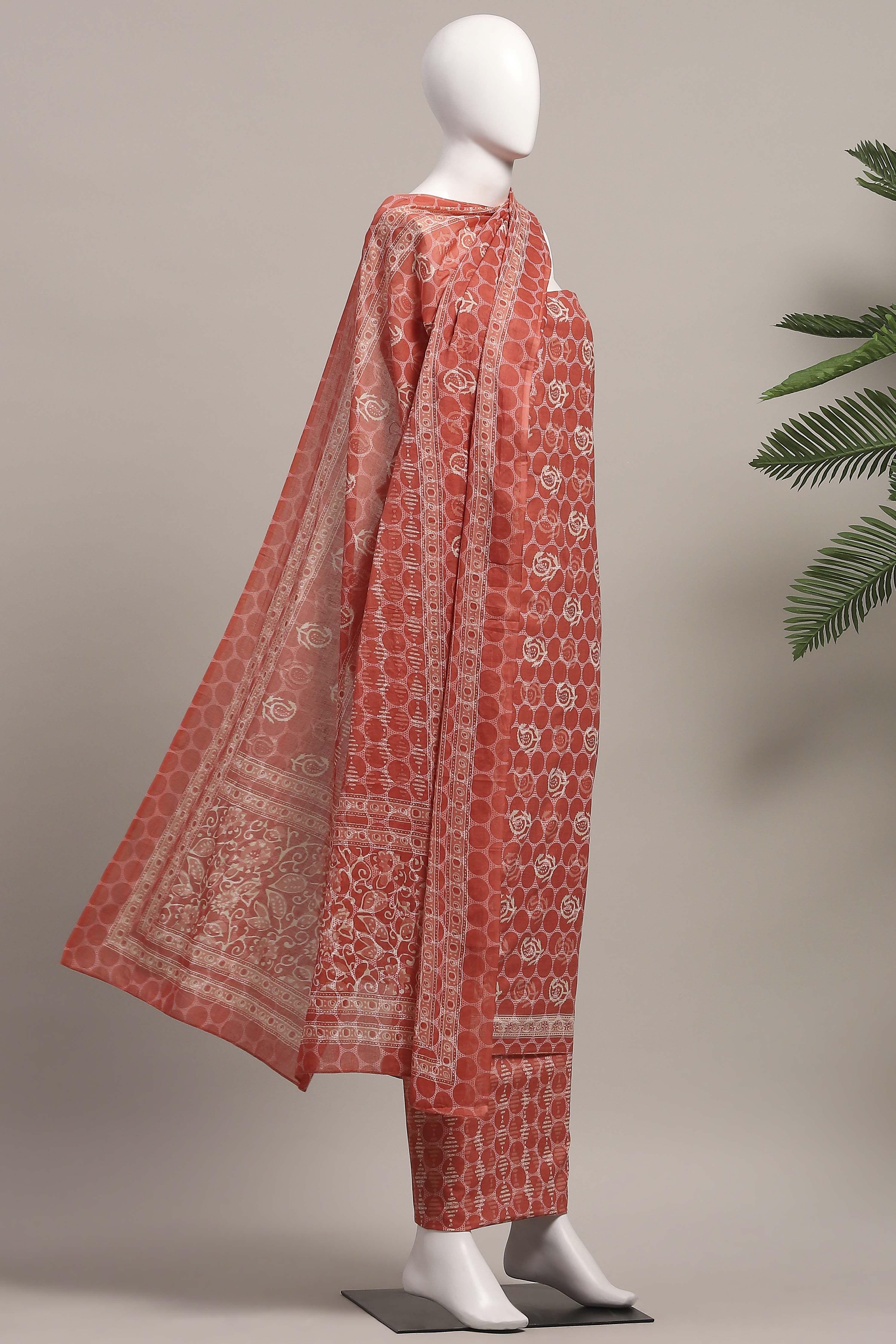 Coral Cotton Screen Print Unstitched Suit Set image number 4