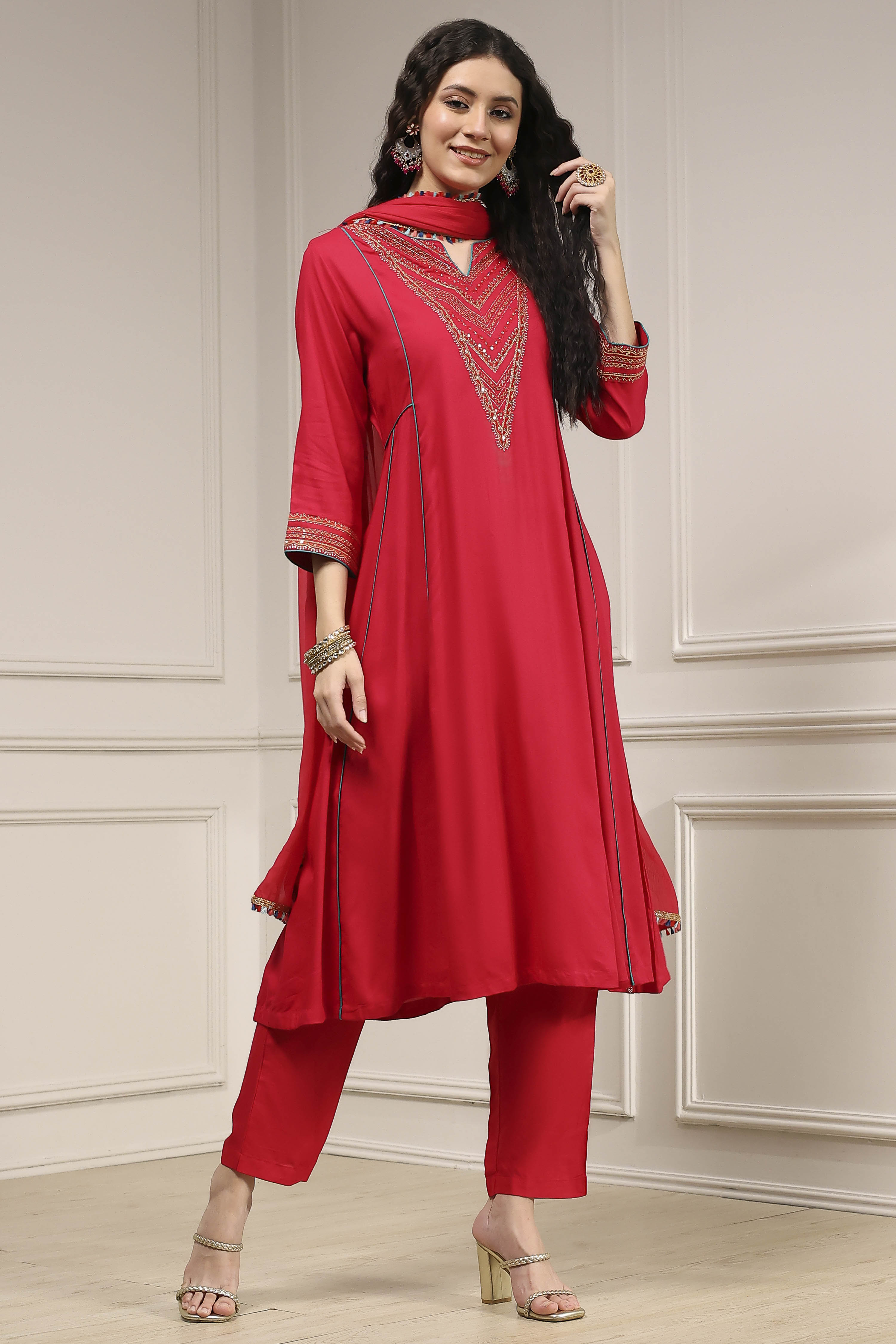Red Viscose Rayon Straight Solid Suit Set image number 5