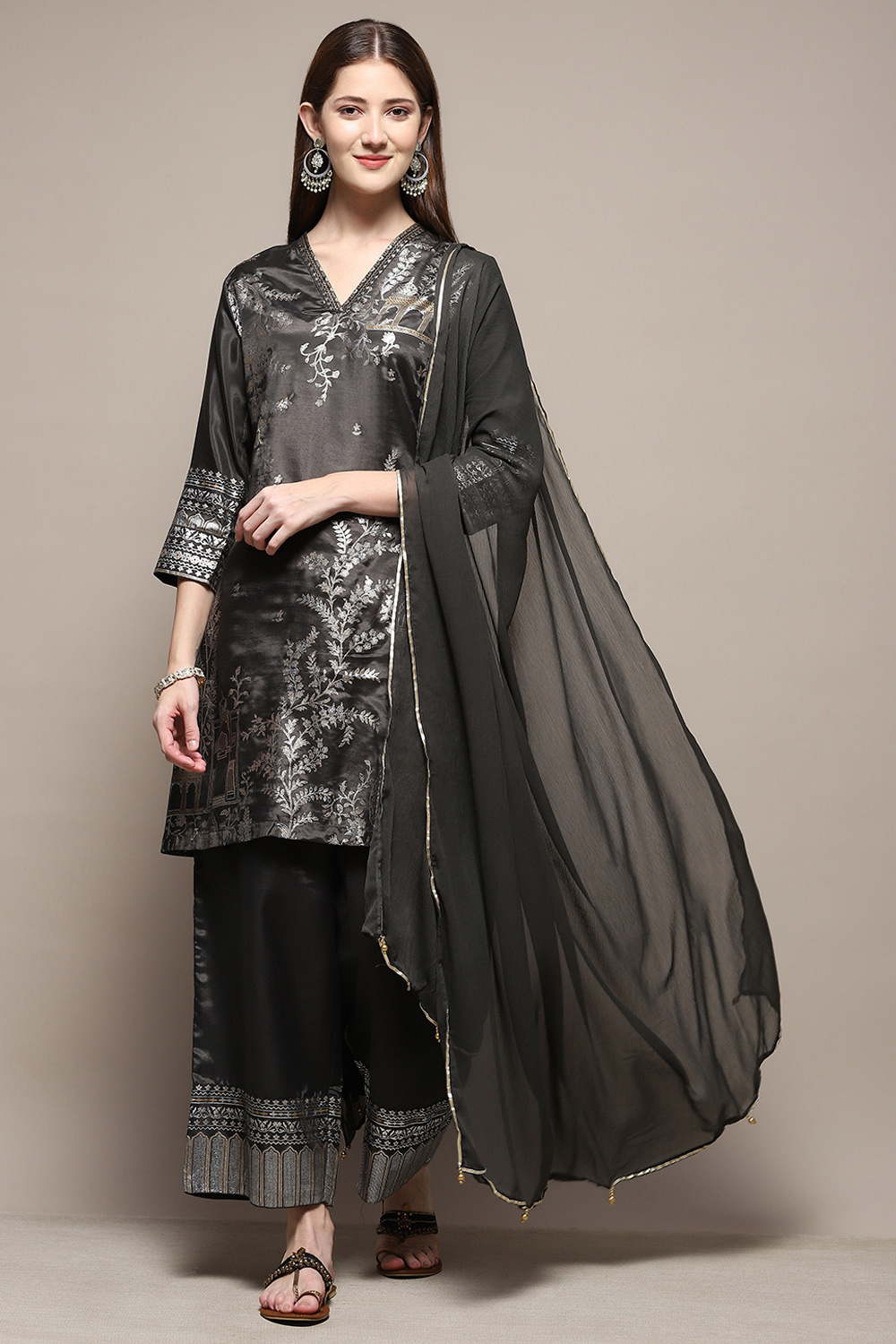 Sage Green Art Silk Straight Kurta Palazzo Suit Set image number 0
