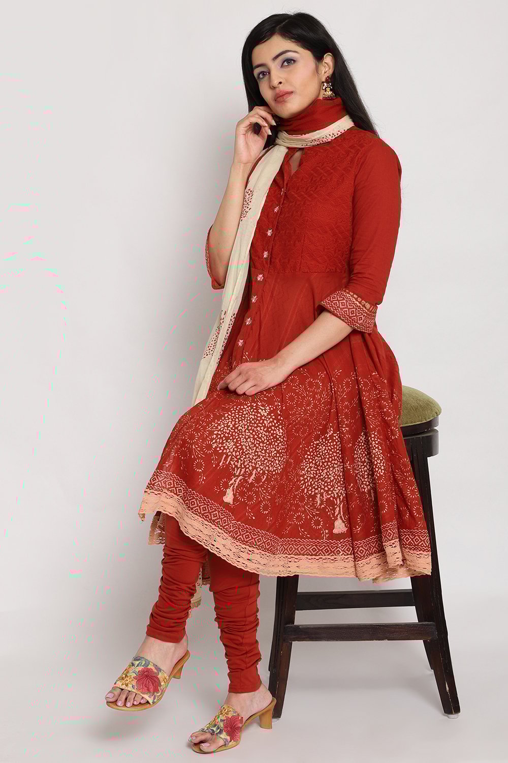 Red Cotton Asymmetric Kurta Churidar Suit Set image number 6