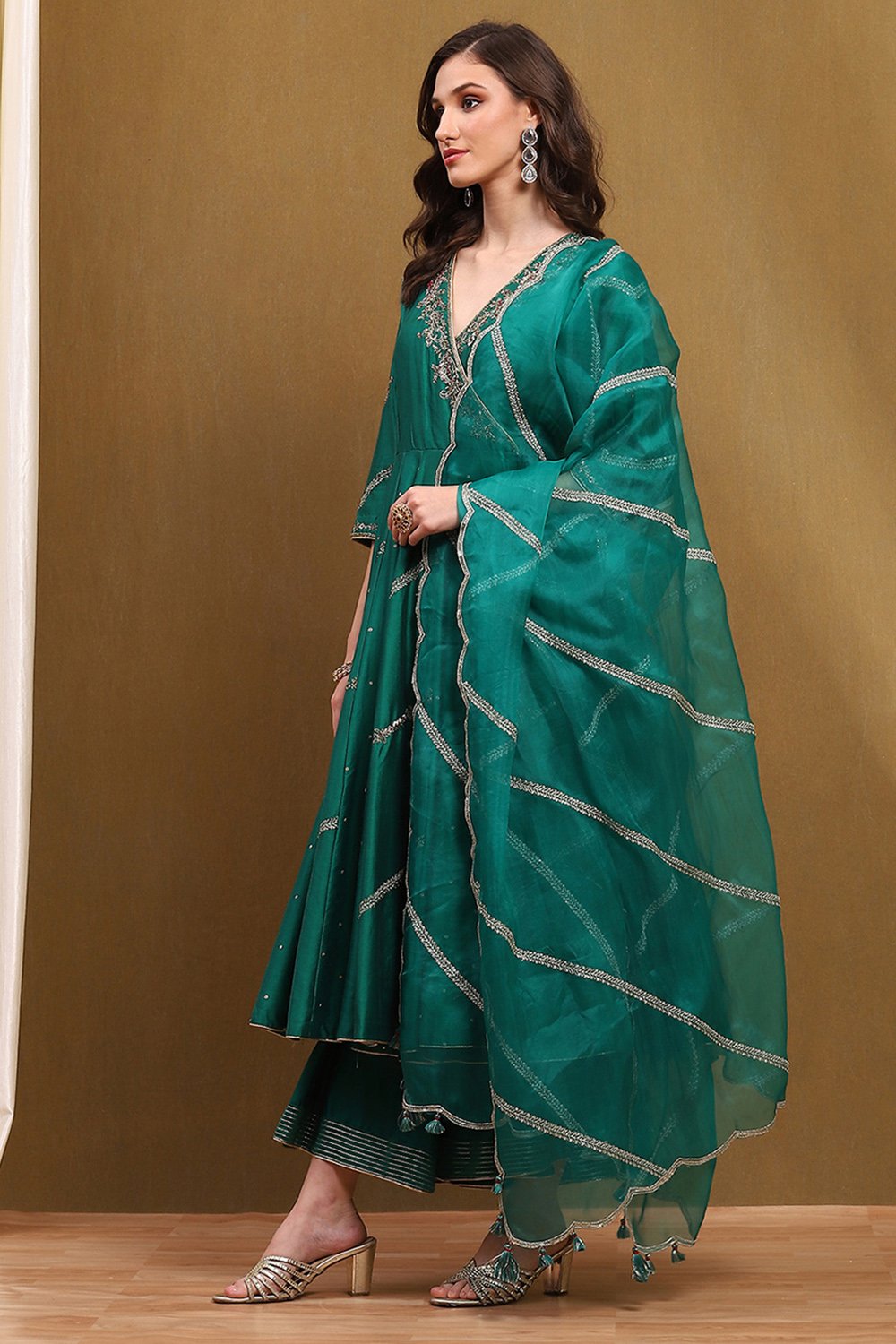Green Embroidered Angrakha Festive Anarkali Suit Set image number 3