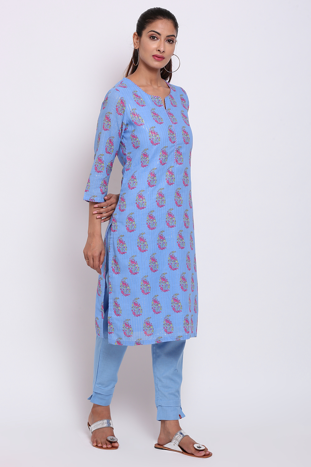 Peach Metallic Cotton Printed Kurta image number 4
