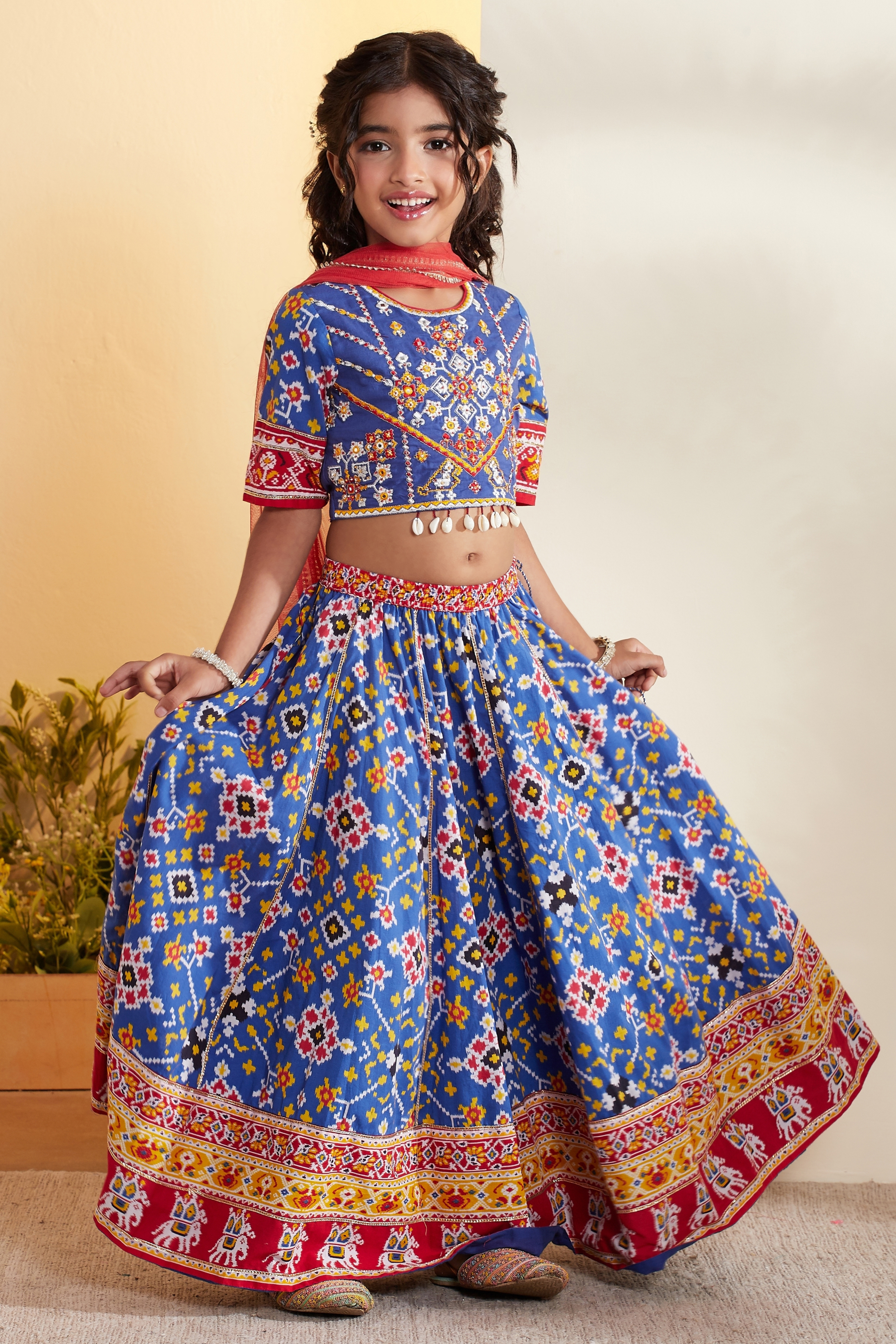 Blue Cotton Printed Kalidar Lehenga Set image number 4