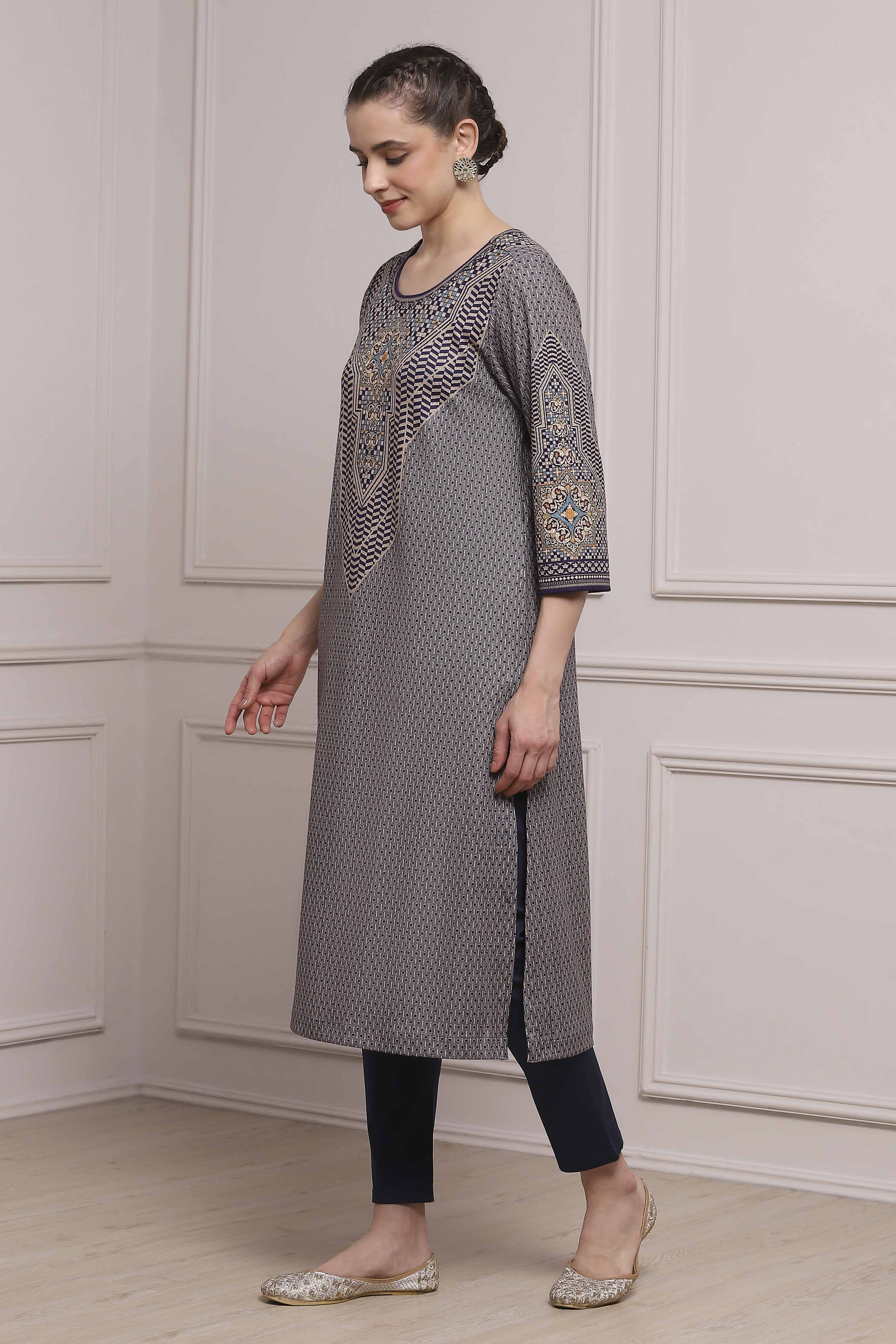 Blue Polyester Straight Printed Kurta image number 2