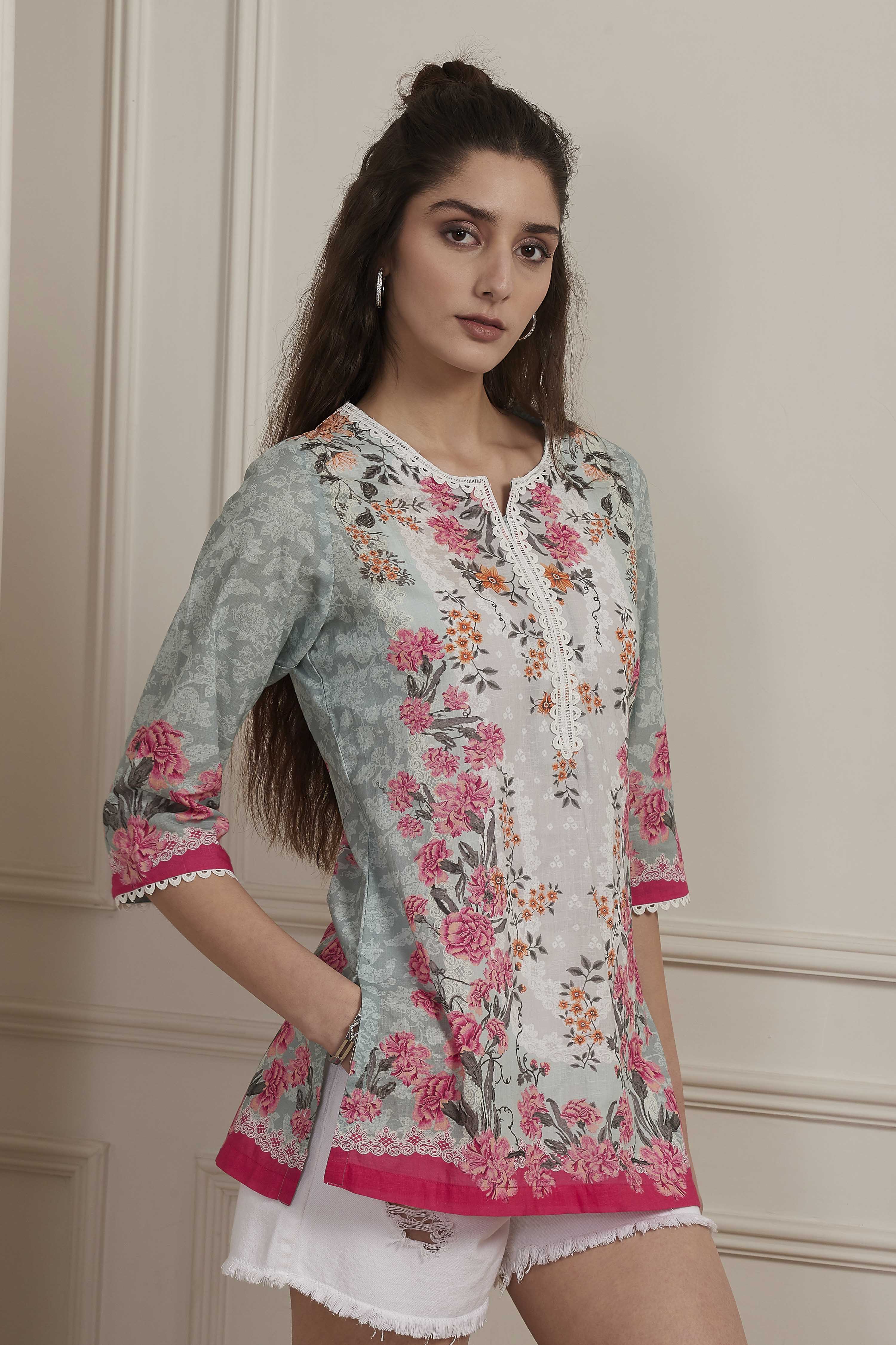 Yellow Cotton Printed Straight Short Kurta image number 4