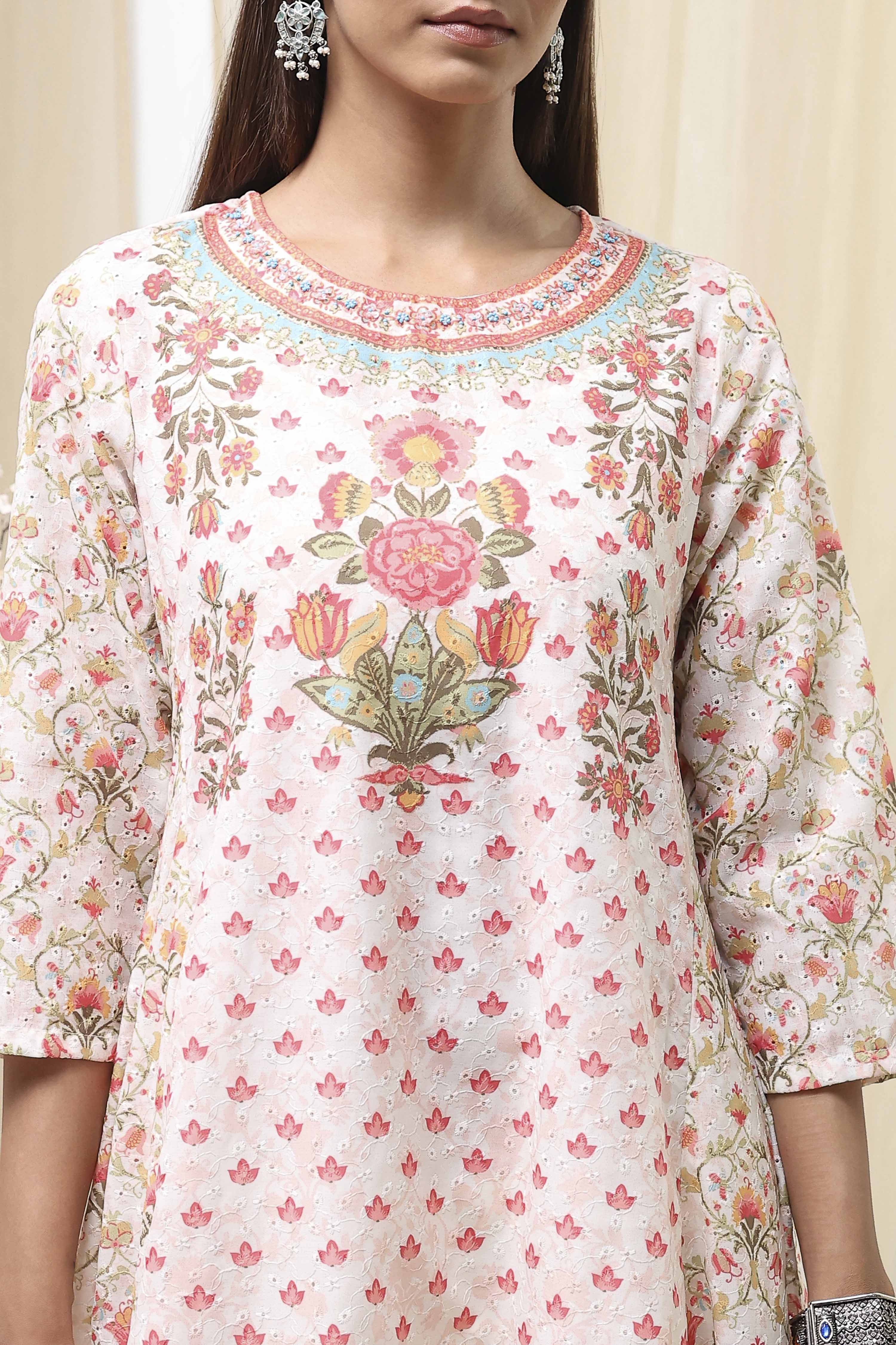 Off-White and Blue Cotton Floral Kalidar Suit Set image number 1