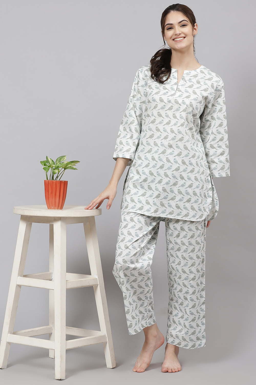 Mint Straight Cotton Three Piece Printed Sleepwear Set image number 5
