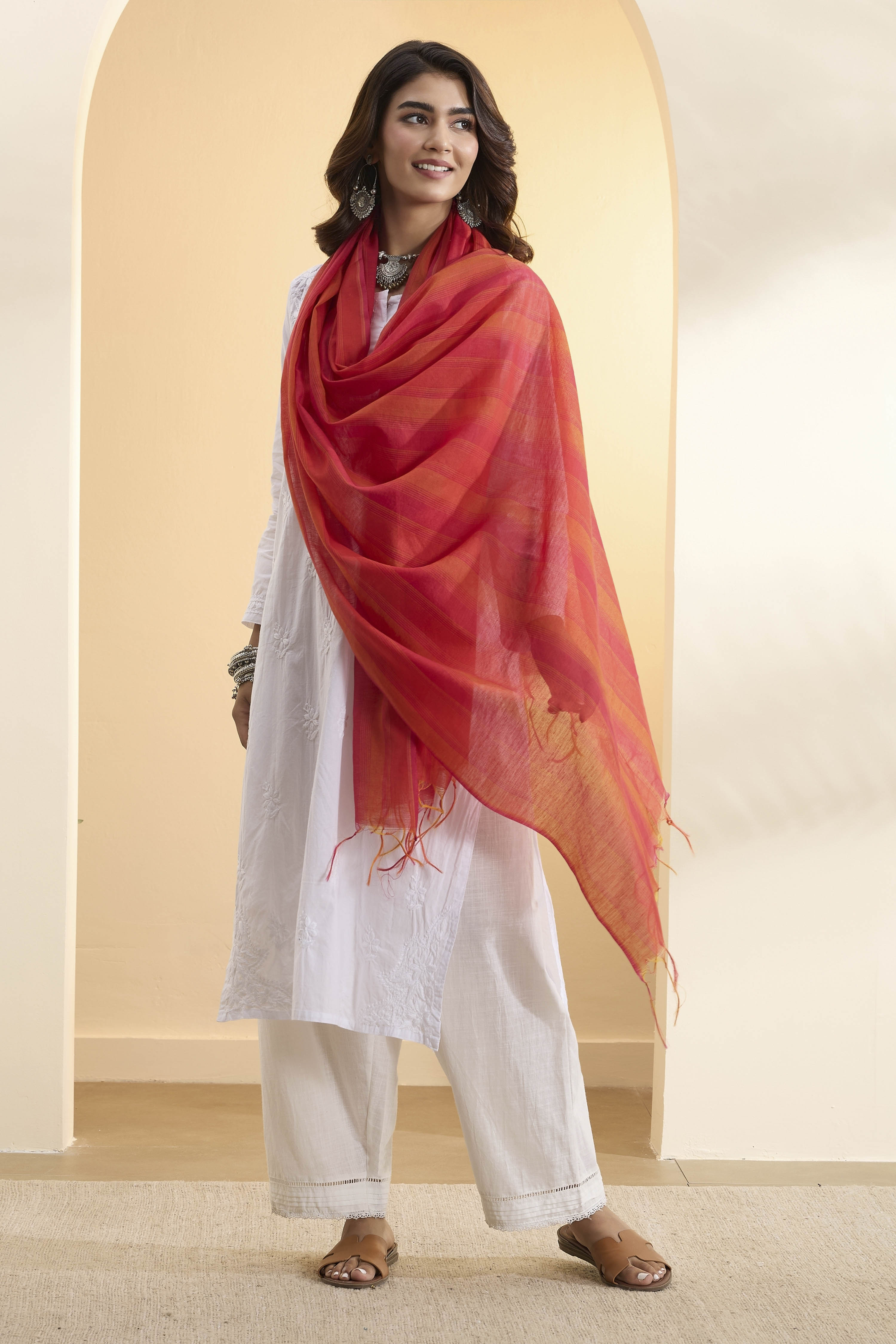 Pink Orange Poly Loom Printed Dupatta image number 2