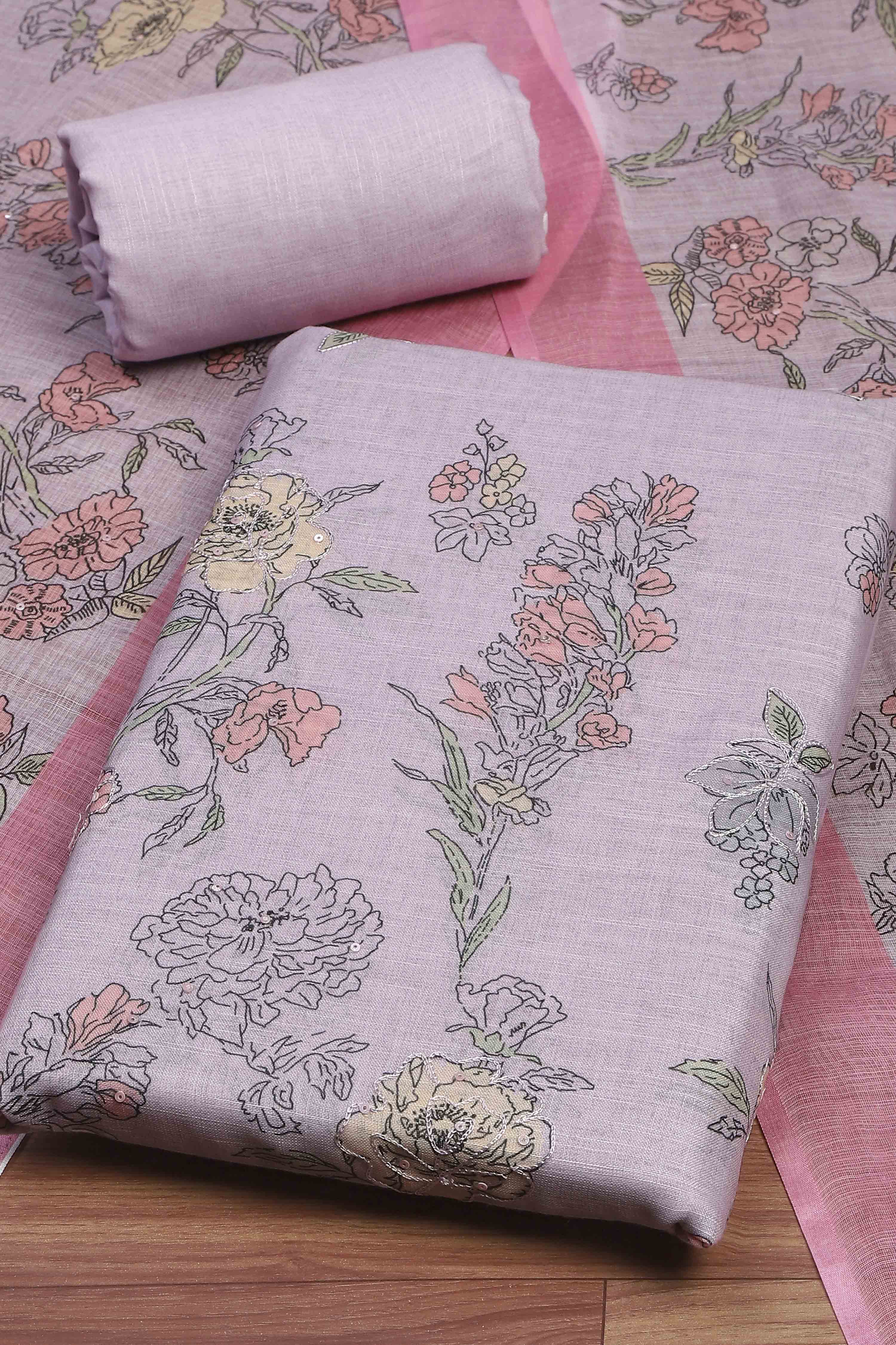 Pink Linen Unstitched Suit Set image number 1