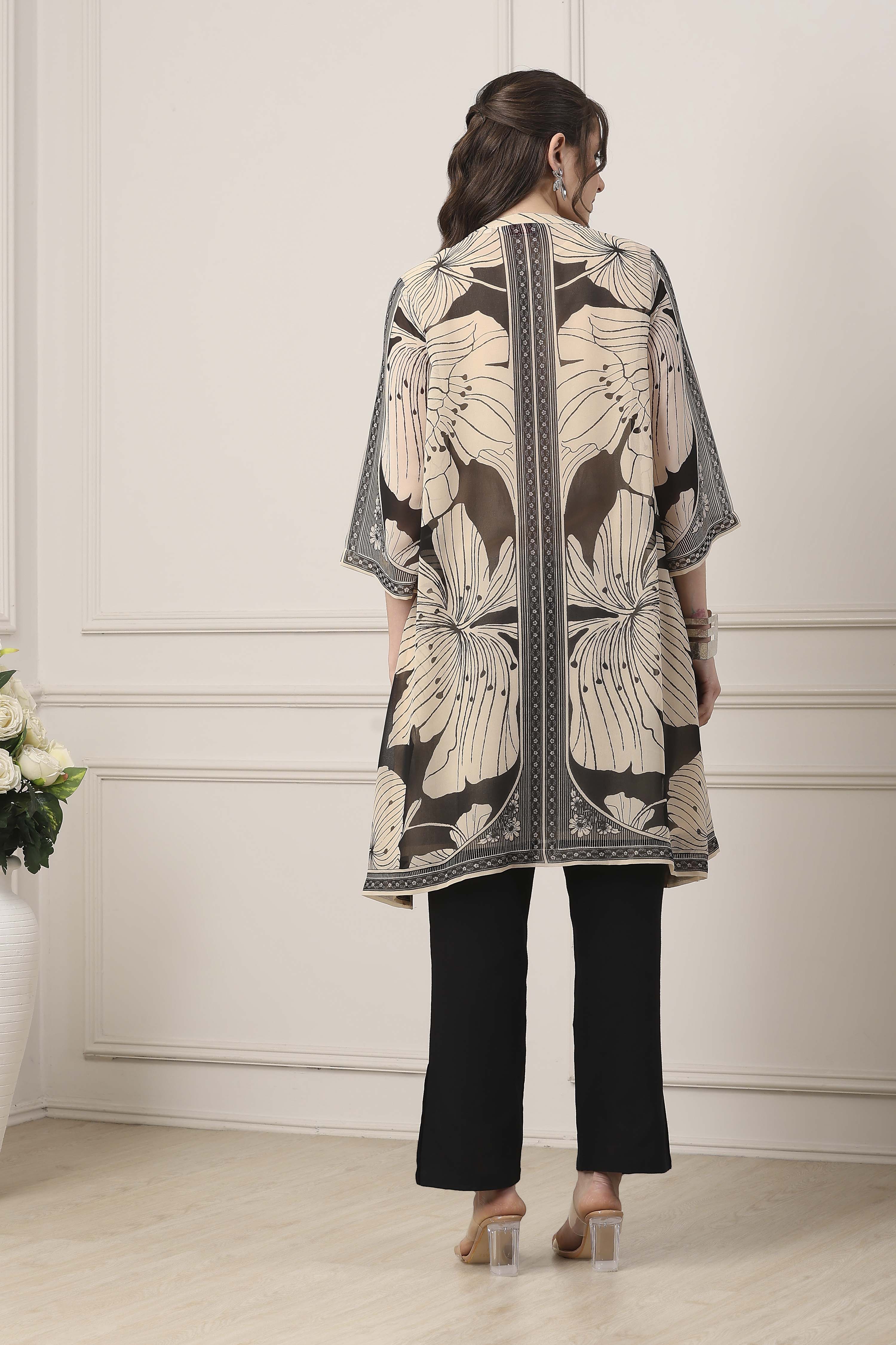 Beige & Black Poly Georgette Floral Kurta image number 3