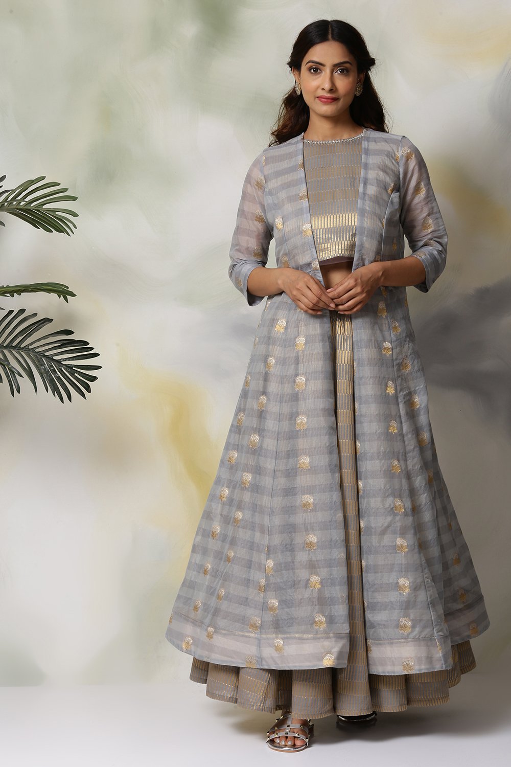 Grey Metallic Cotton Fusion Wear 3 Piece Set image number 6