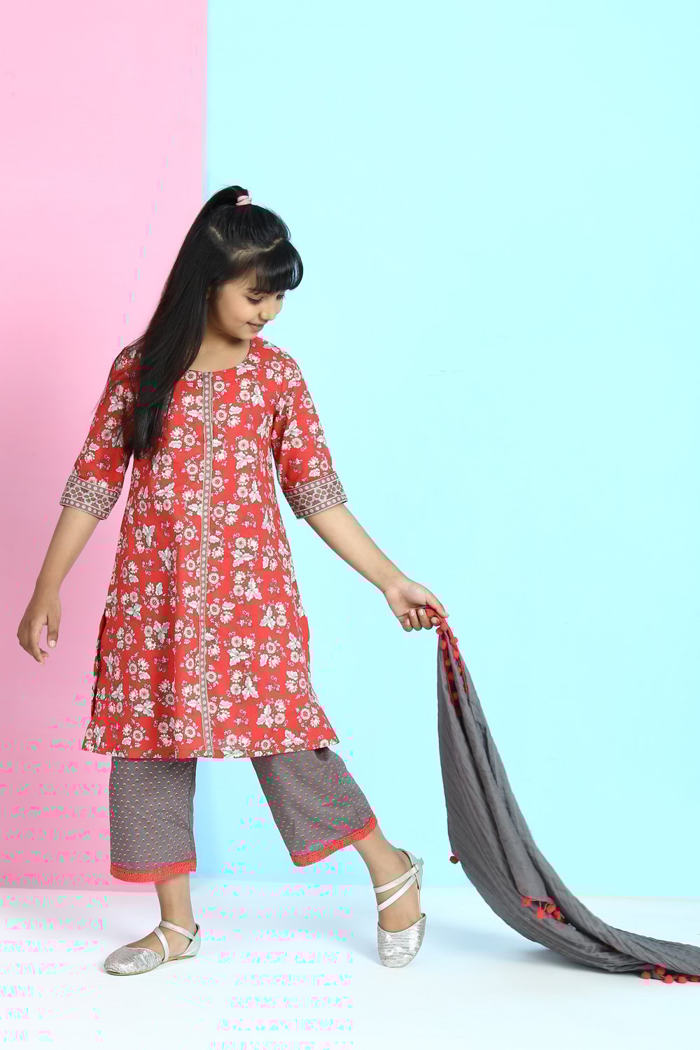 Red Cotton A-Line Straight Kurta Palazzo Suit Set image number 6