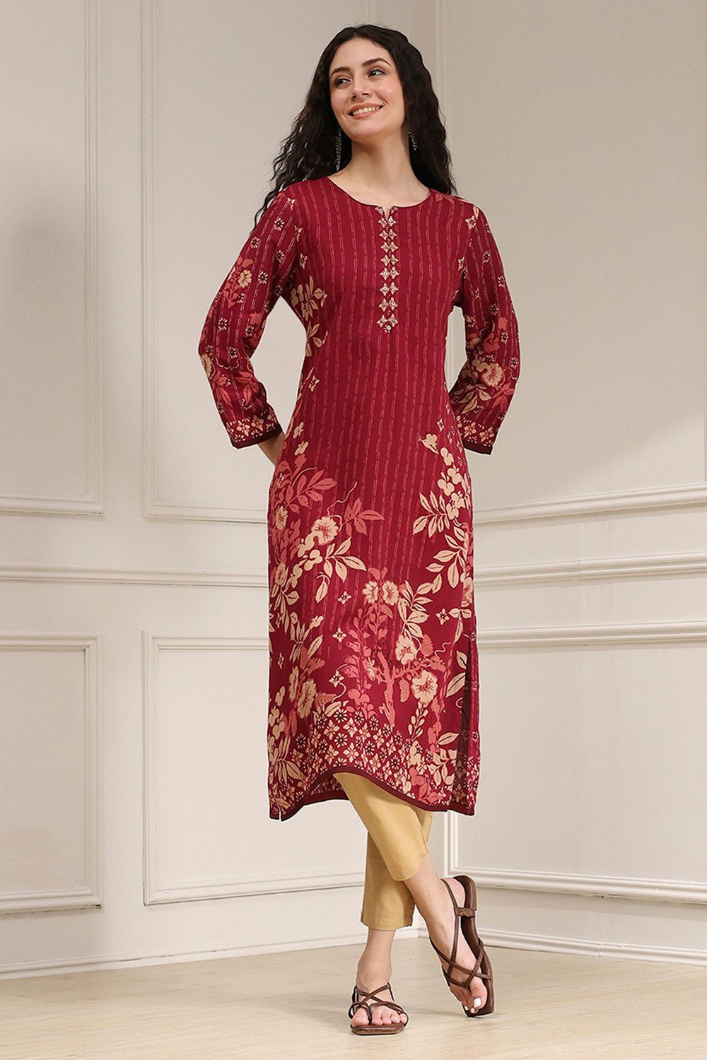 Berry Maroon Printed Straight Kurta image number 0