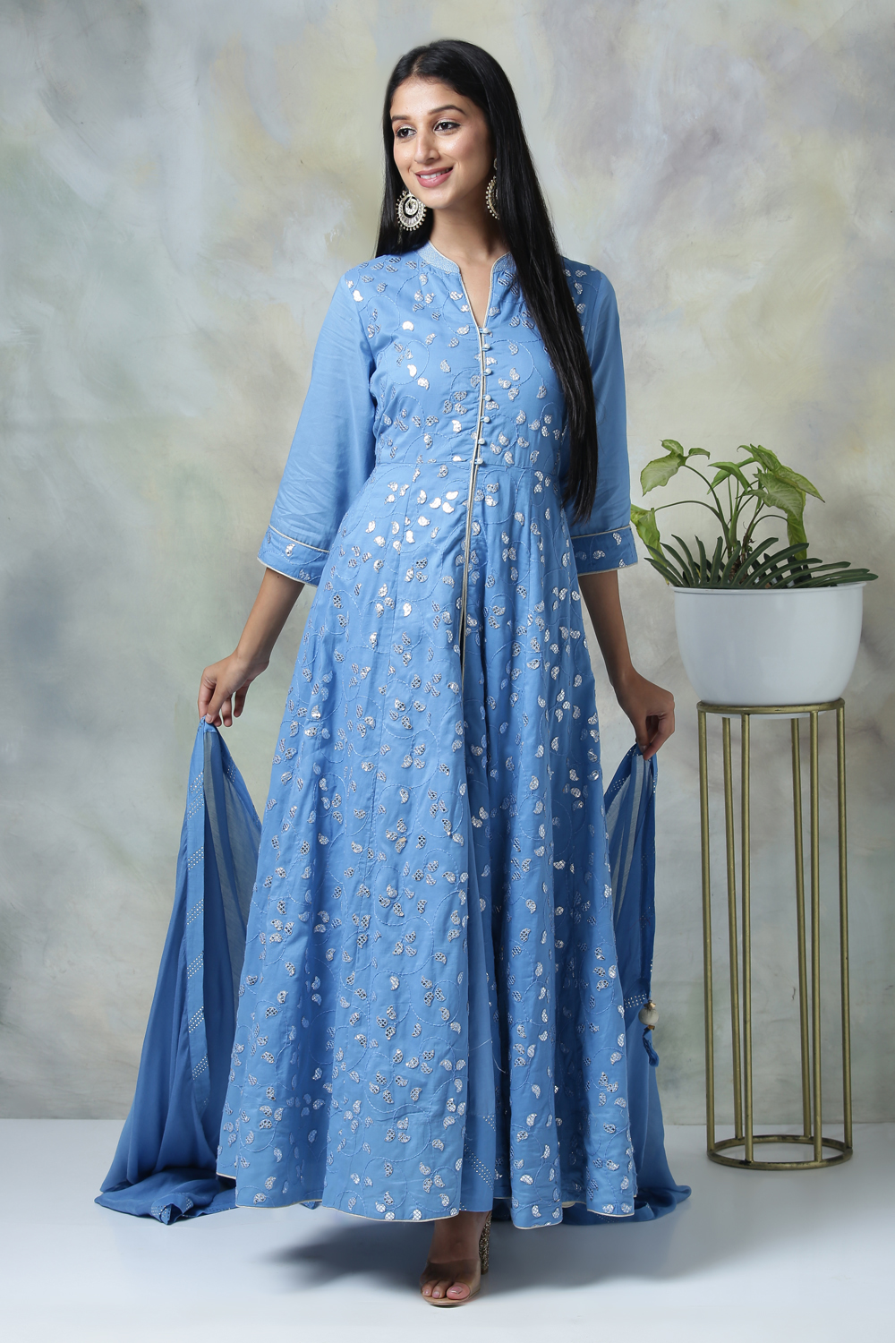 Blue Cotton Anarkali Kurta Skirt Suit Set image number 0