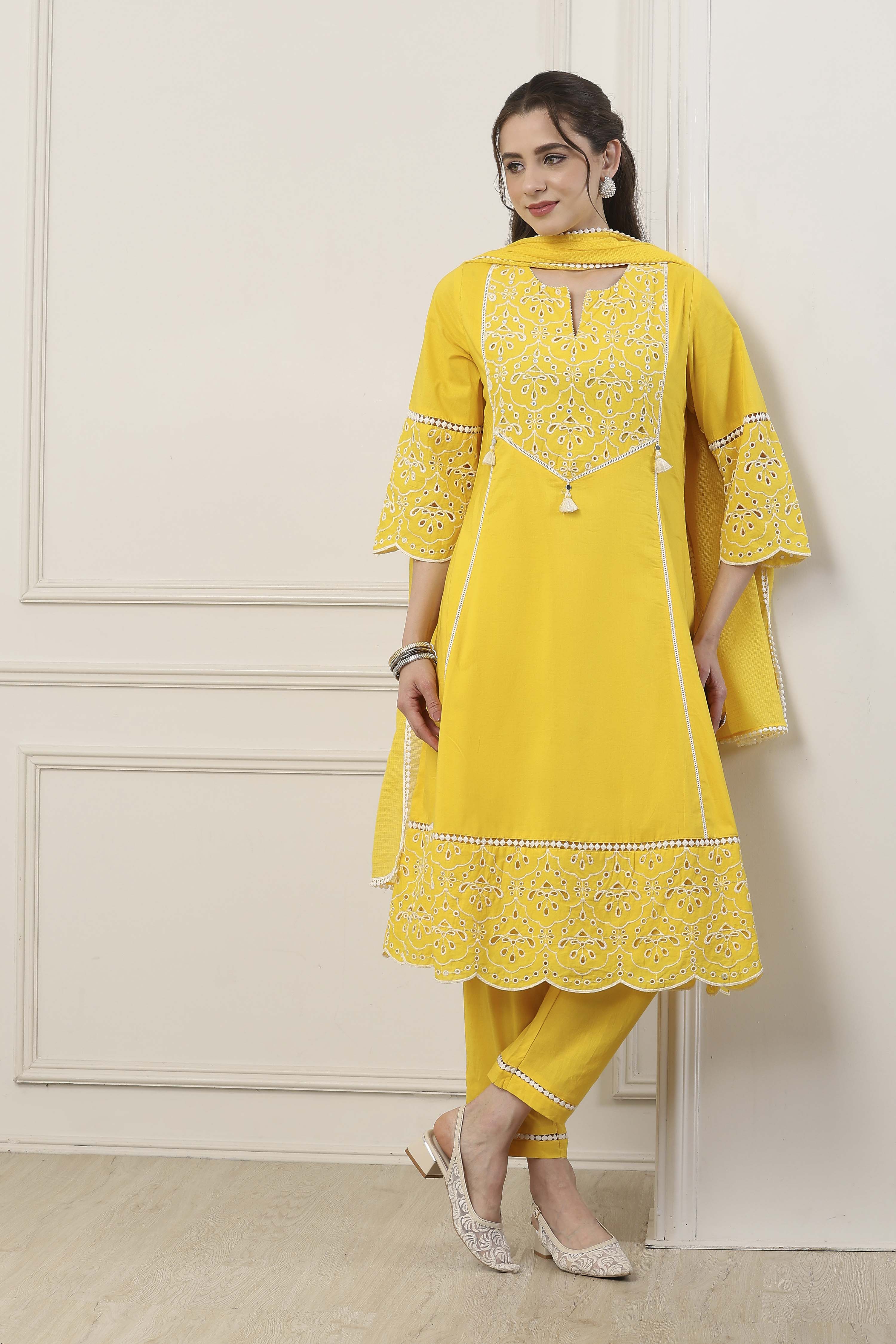 Yellow Cotton Schiffli Embroidered Kalidar Suit Set image number 1