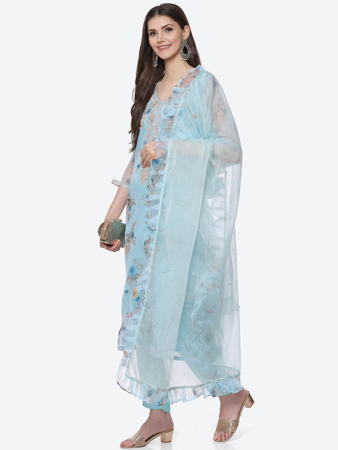 Blue Organza Unstitched Suit Set image number 7