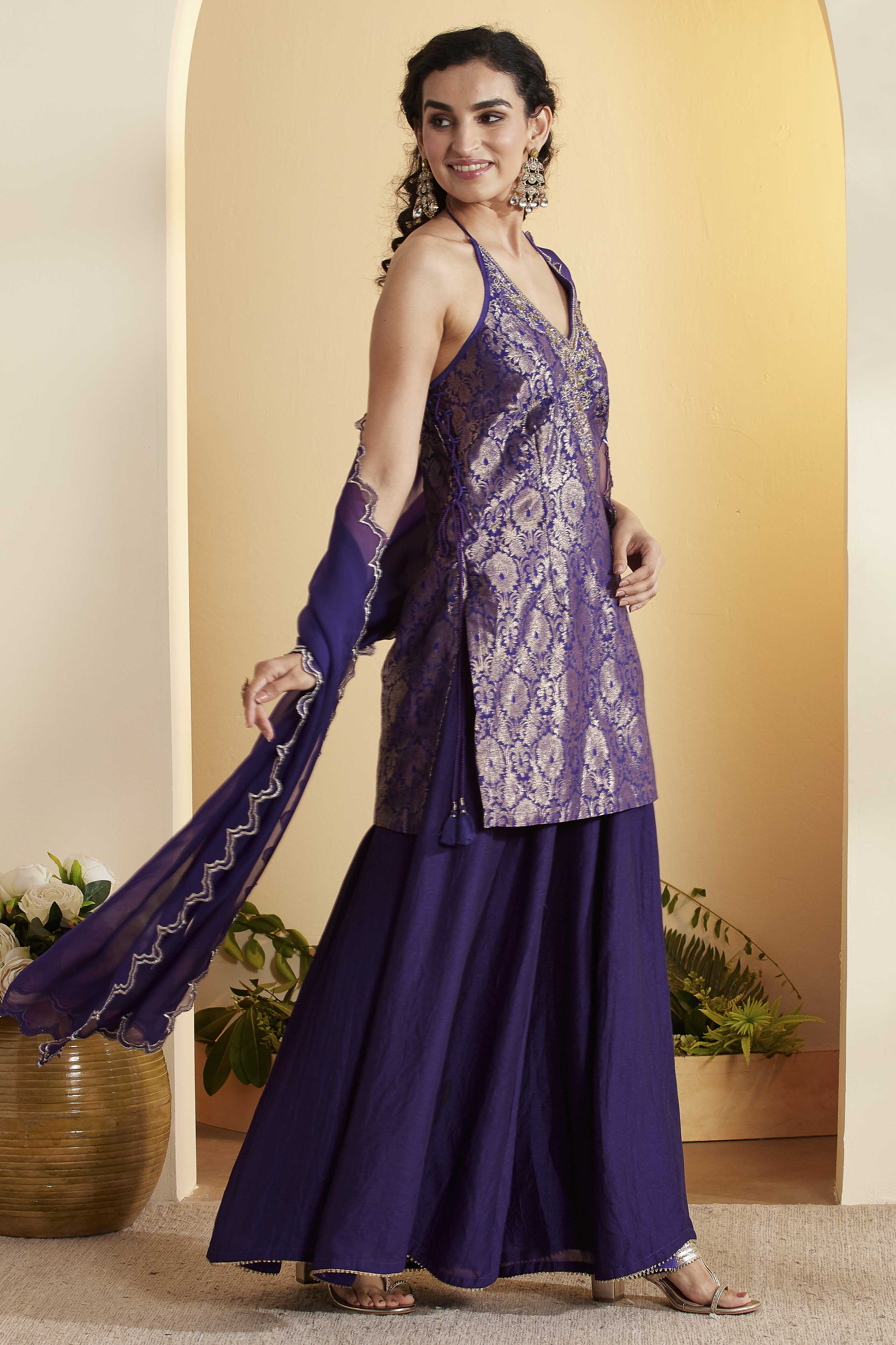 Violet Blue Viscose Rayon Halter Neck Sharara Set image number 4
