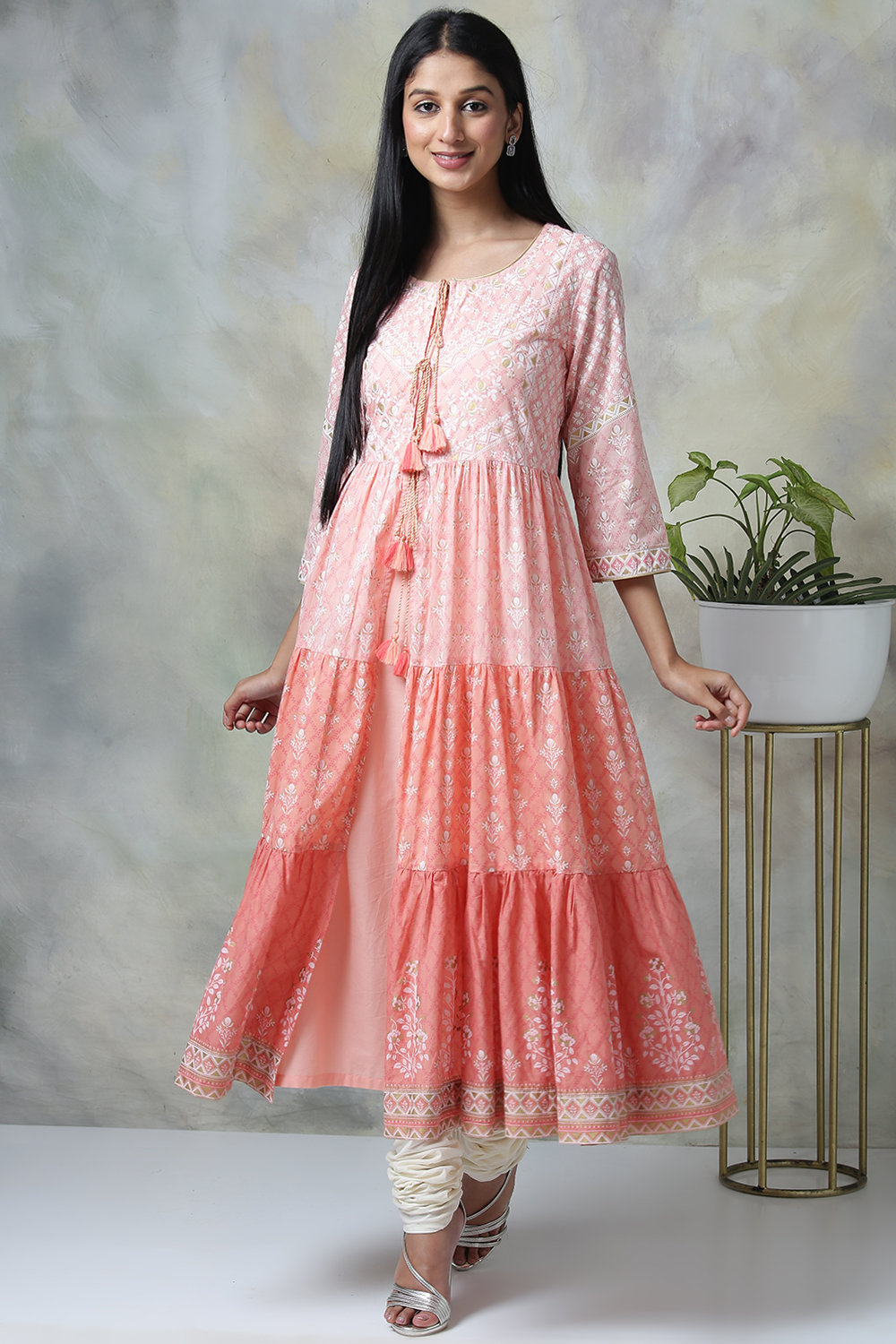 Peach Cotton Double Layered Printed Kurta image number 0