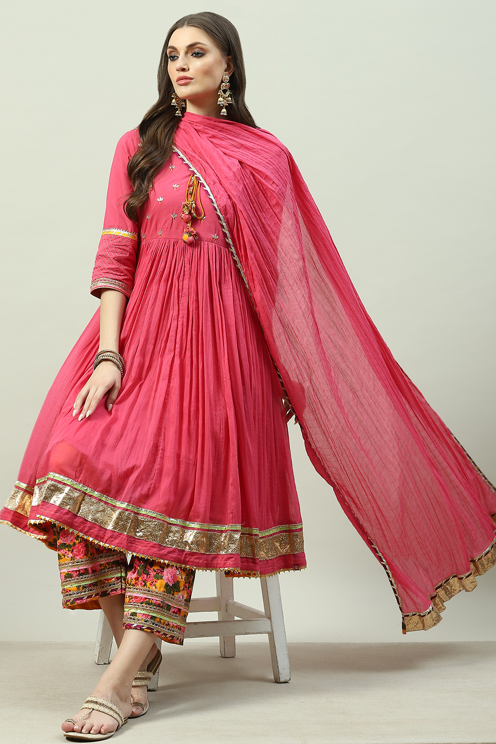 Pink Cotton Anarkali Kurta Palazzo Suit Set image number 0