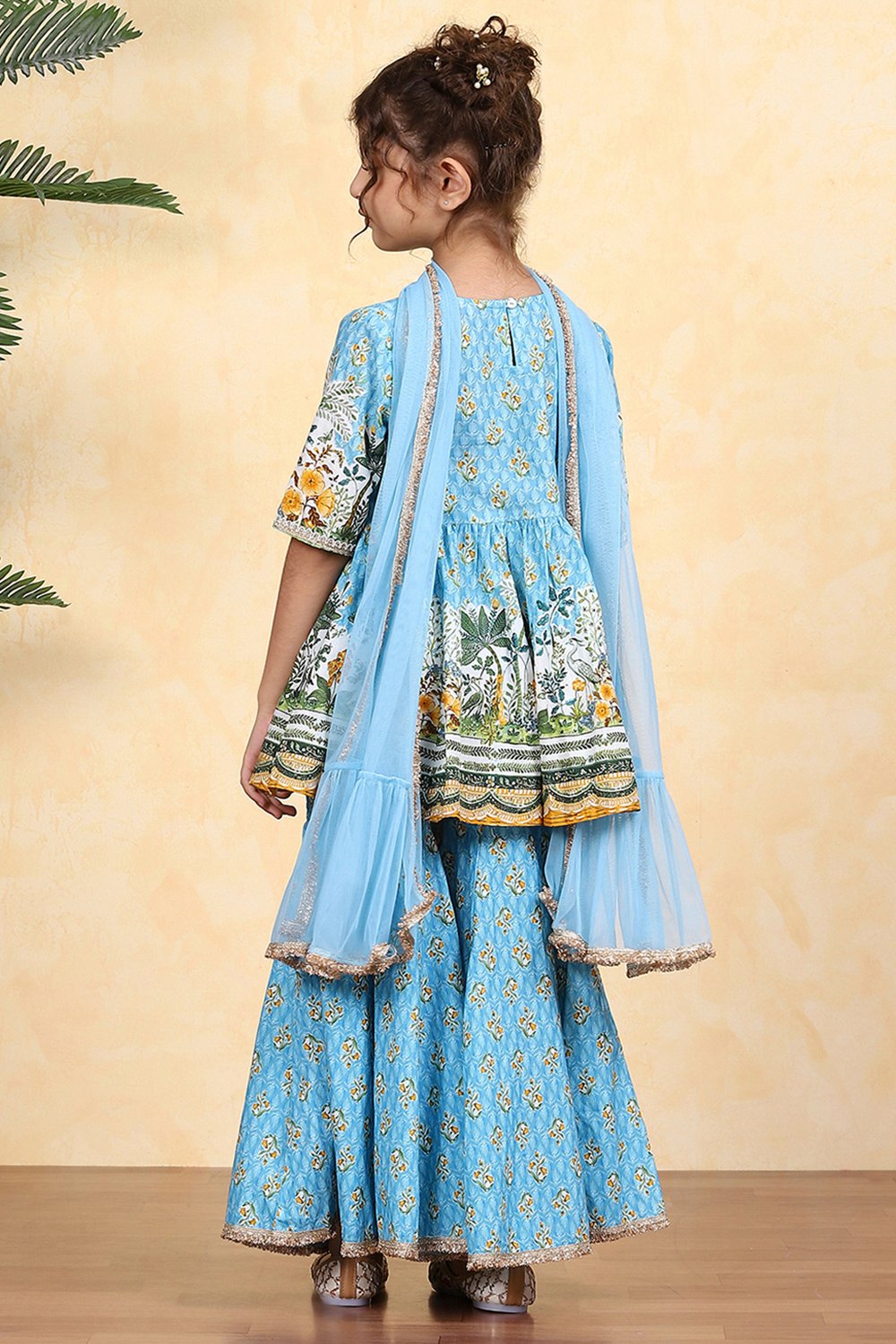 Blue Cotton Printed Straight Sharara Suit Set image number 4