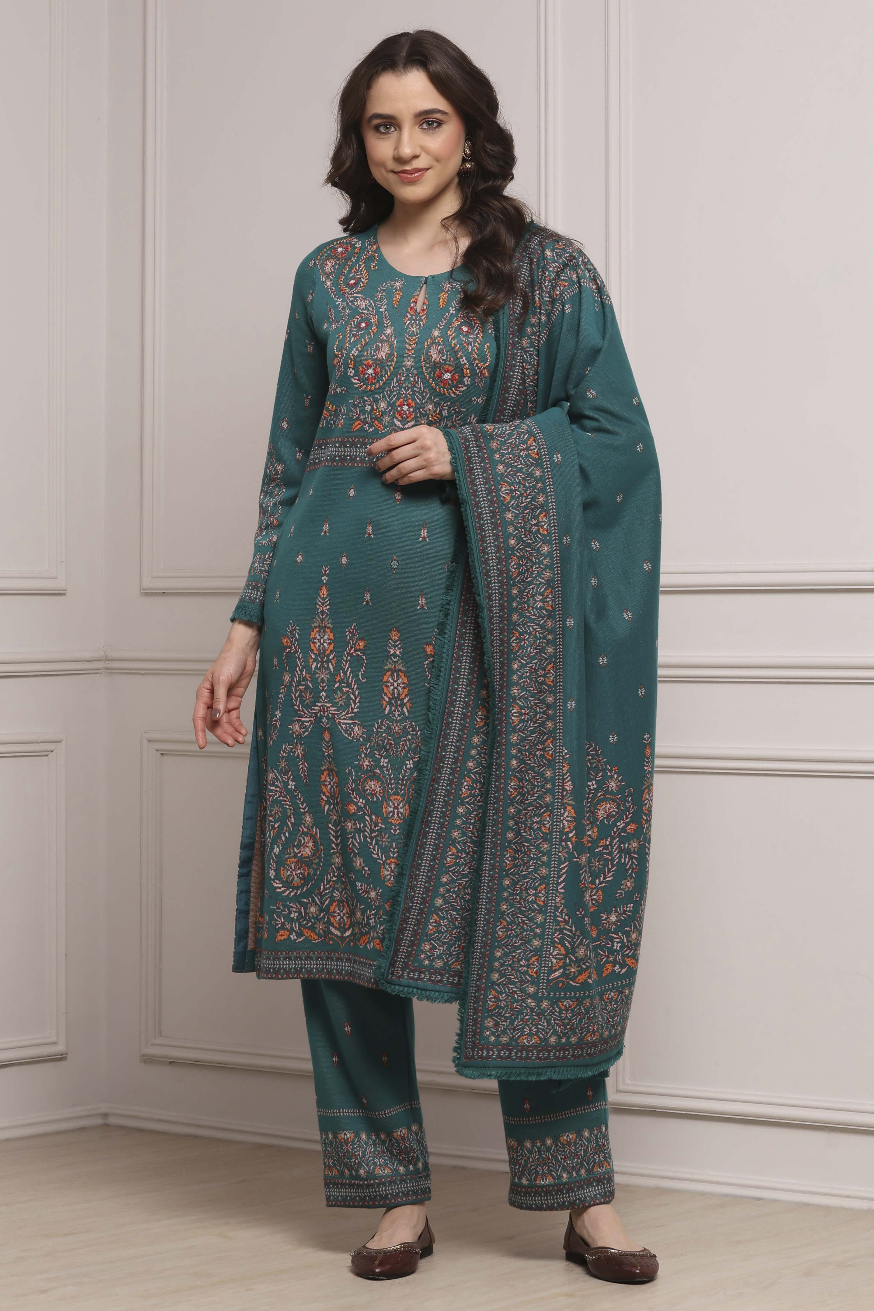 Ivory Cotton Blend Yarndyed Straight Suit Set image number 6