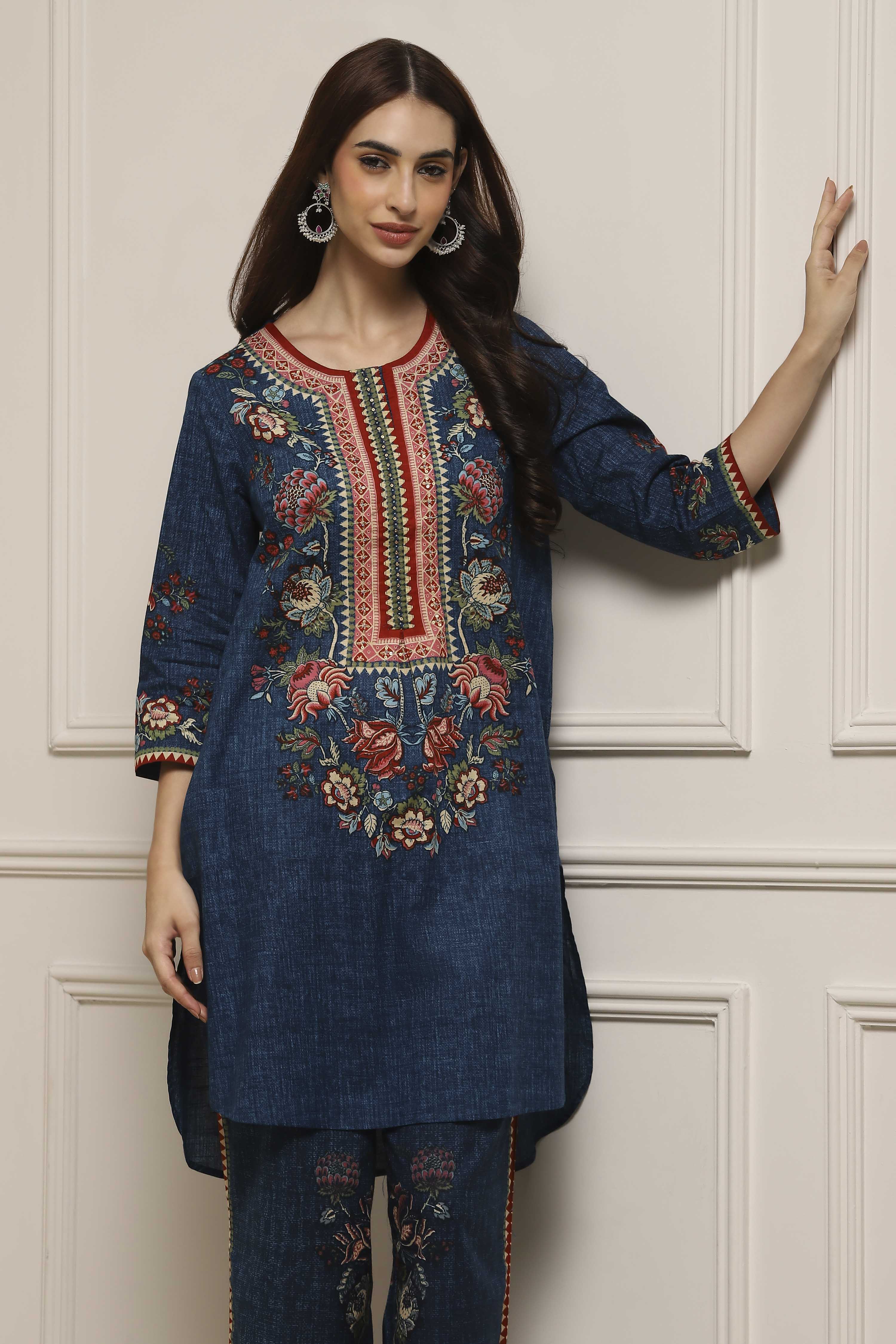 Blue Cotton Straight Printed Kurta Pants Set image number 7