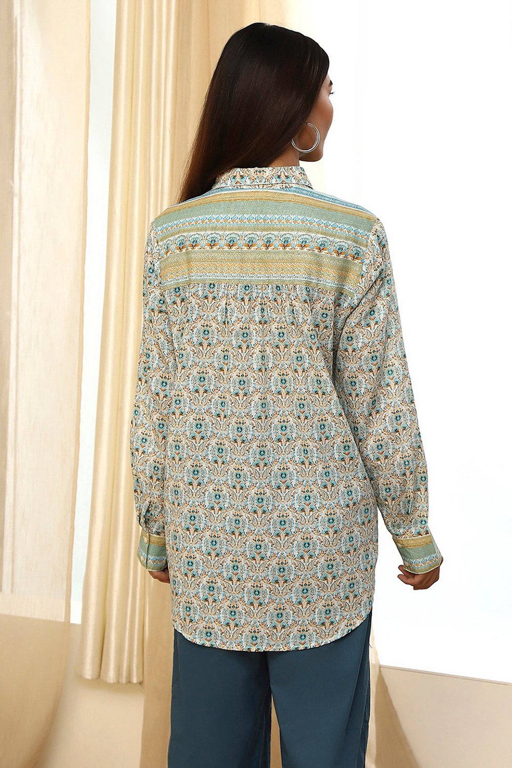 Blue Cotton Printed Straight Shirt image number 3