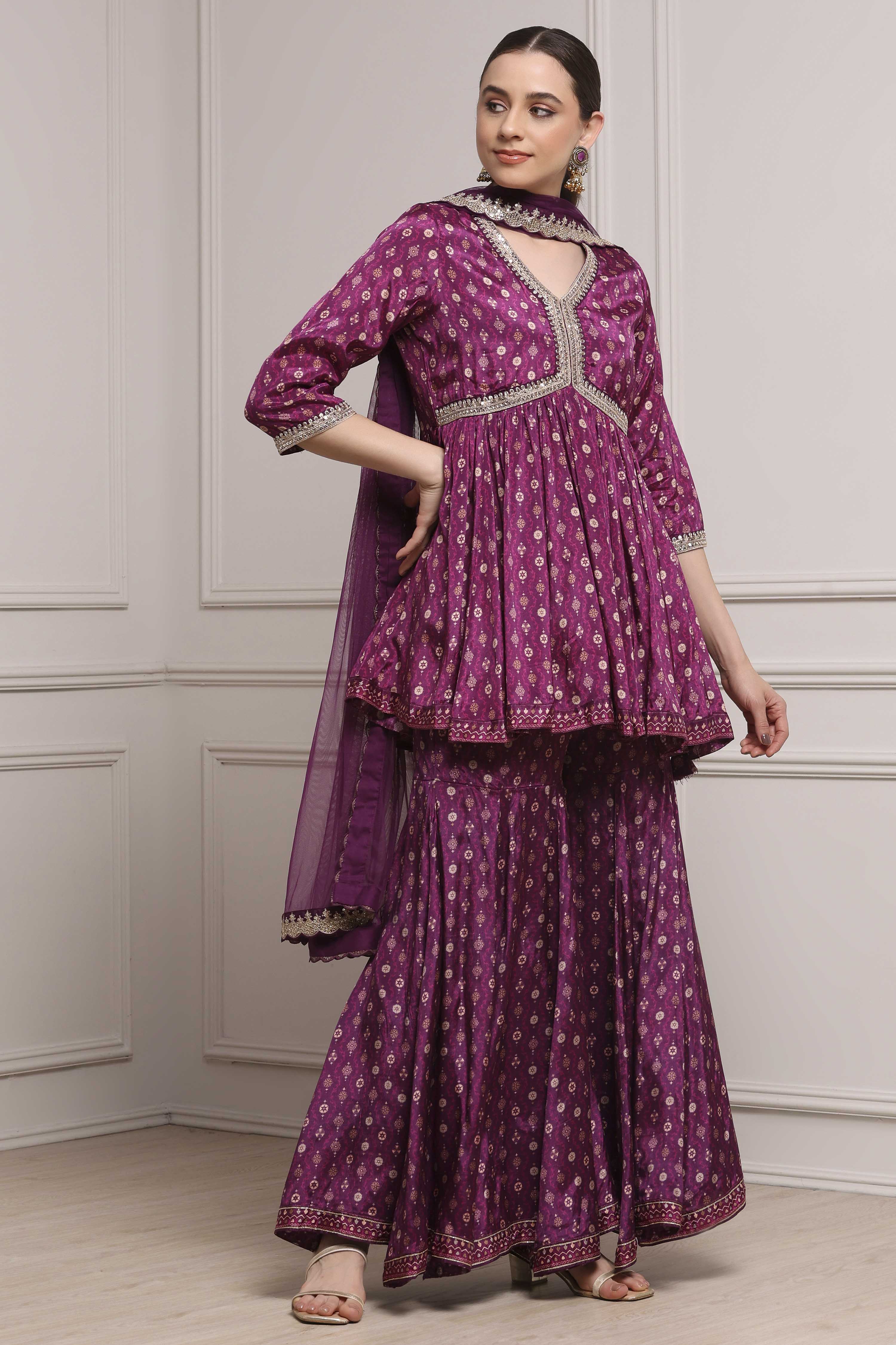 Purple Viscose Rayon Printed Peplum Fusion Set image number 5