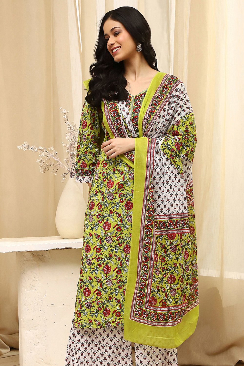 Lime Green and White Cotton Screen Print Unstitched Suit Set image number 8