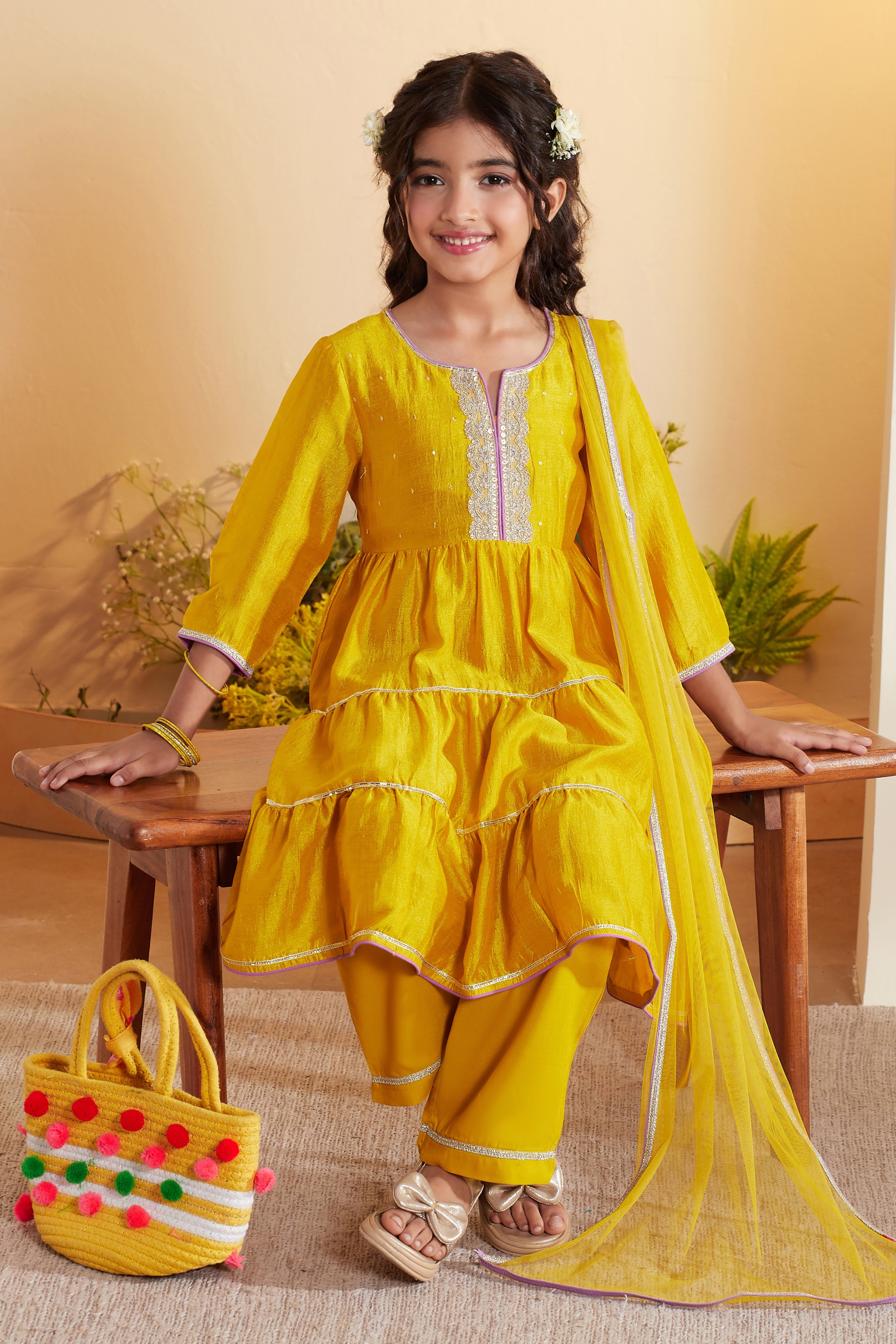 Yellow Viscose Silk Yoke Design Tiered Kurta Set image number 0