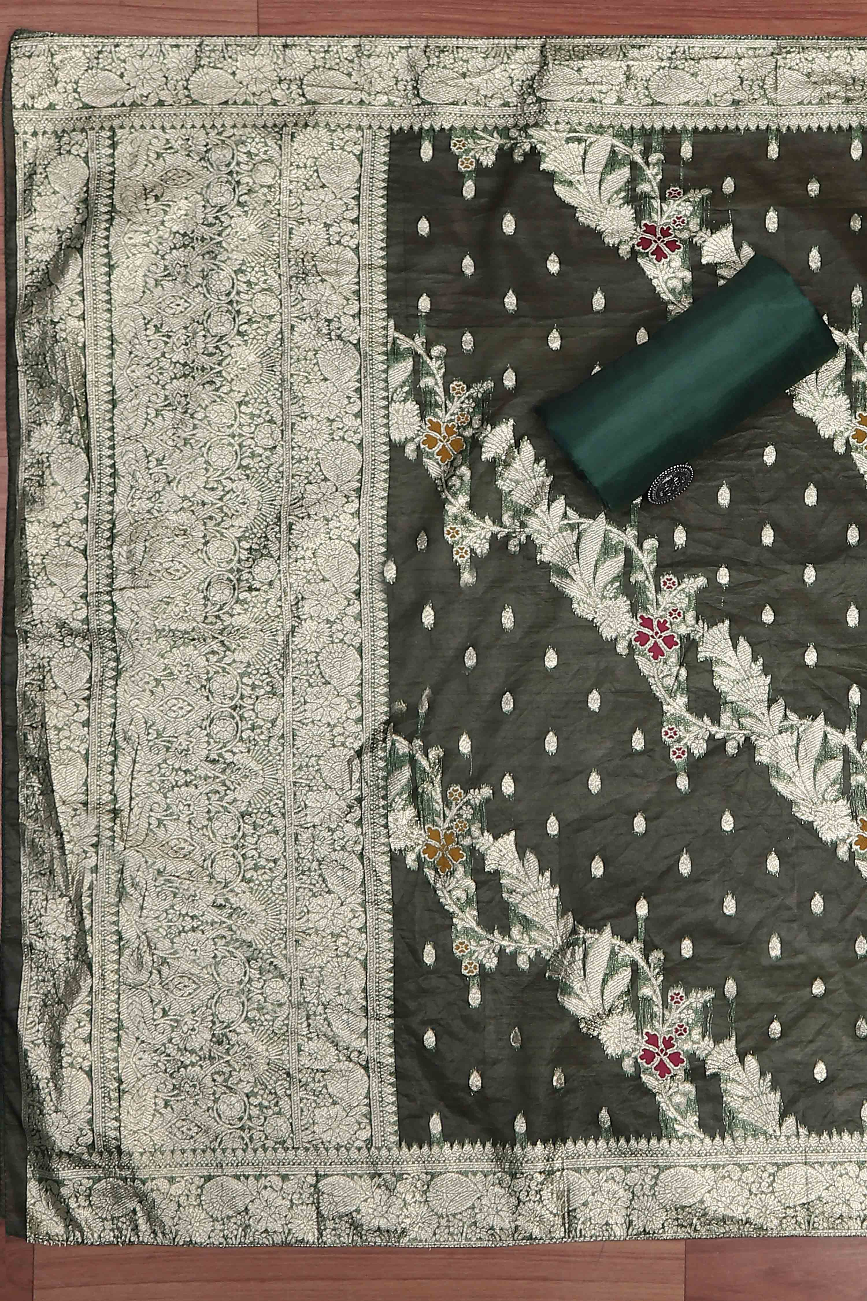 Botle Green Tissue Chanderi Embroidered Unstitched Suit Set image number 3