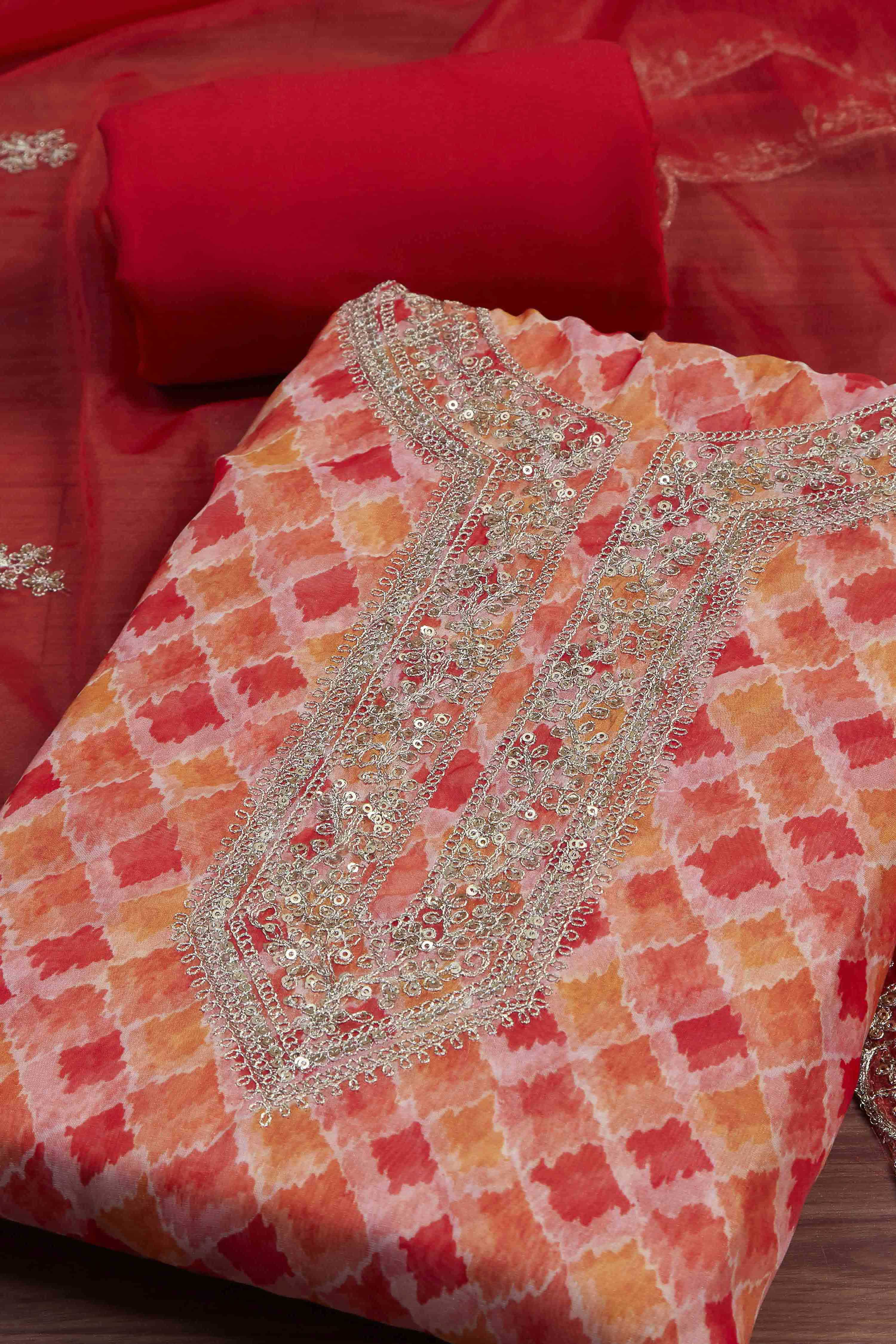 Yellow Organza Rajasthani Print Unstitched Suit Set image number 1