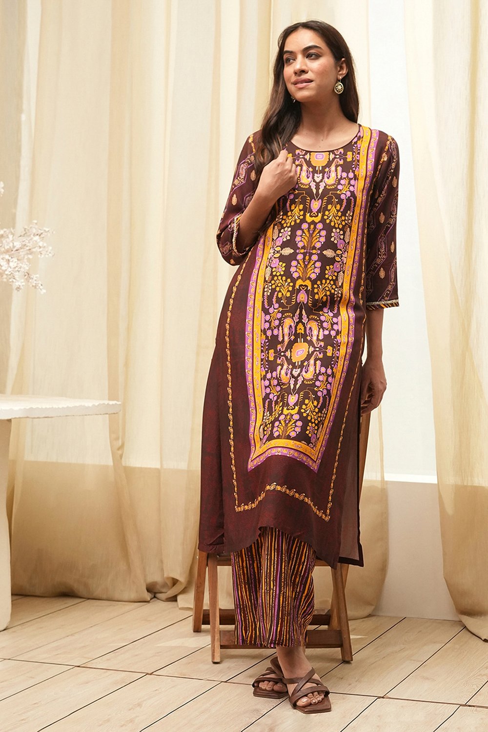 Maroon Cotton Straight Kurta Palazzo Suit Set image number 0