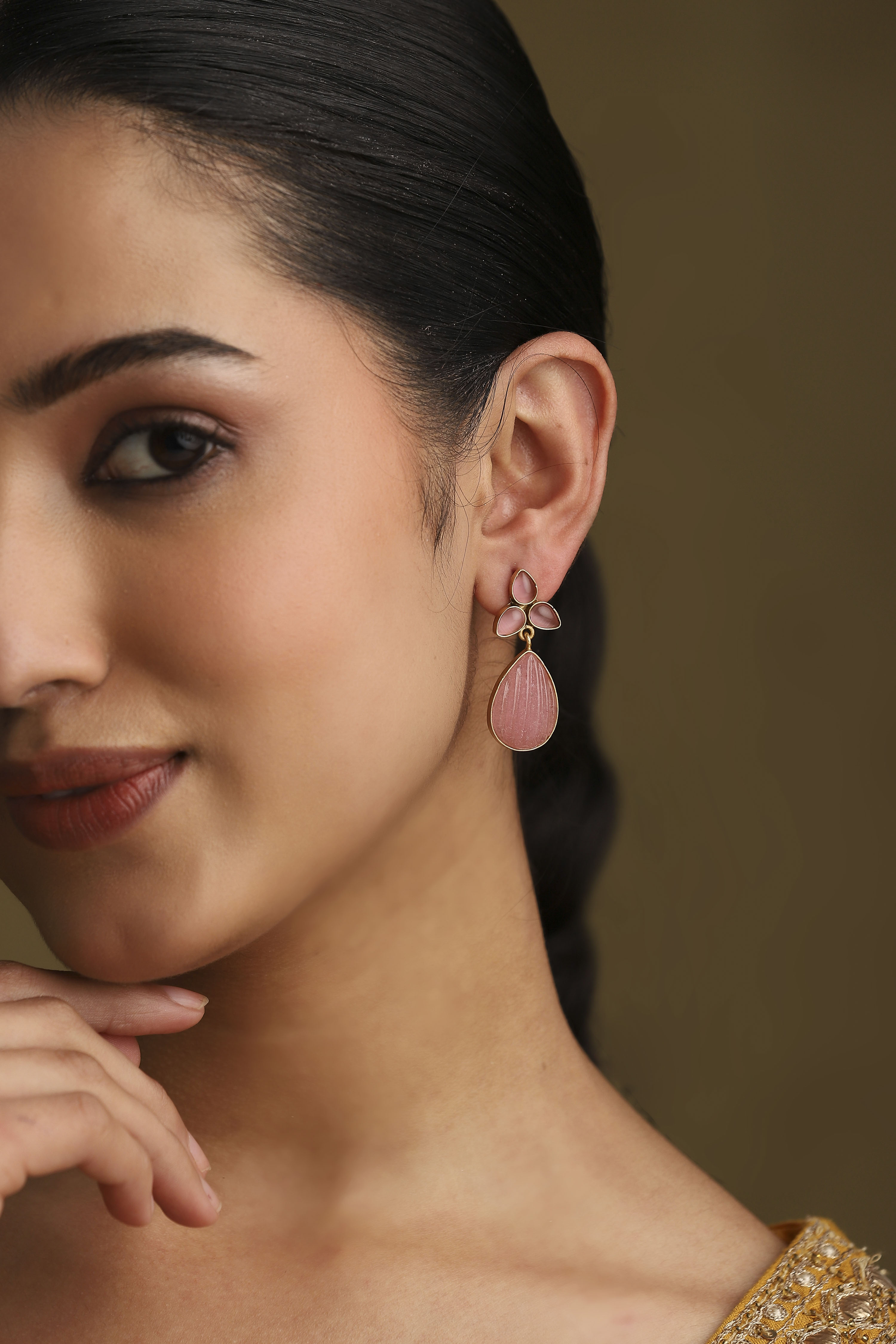 Pink Gold Plated Brass Studded Drop Earrings image number 1