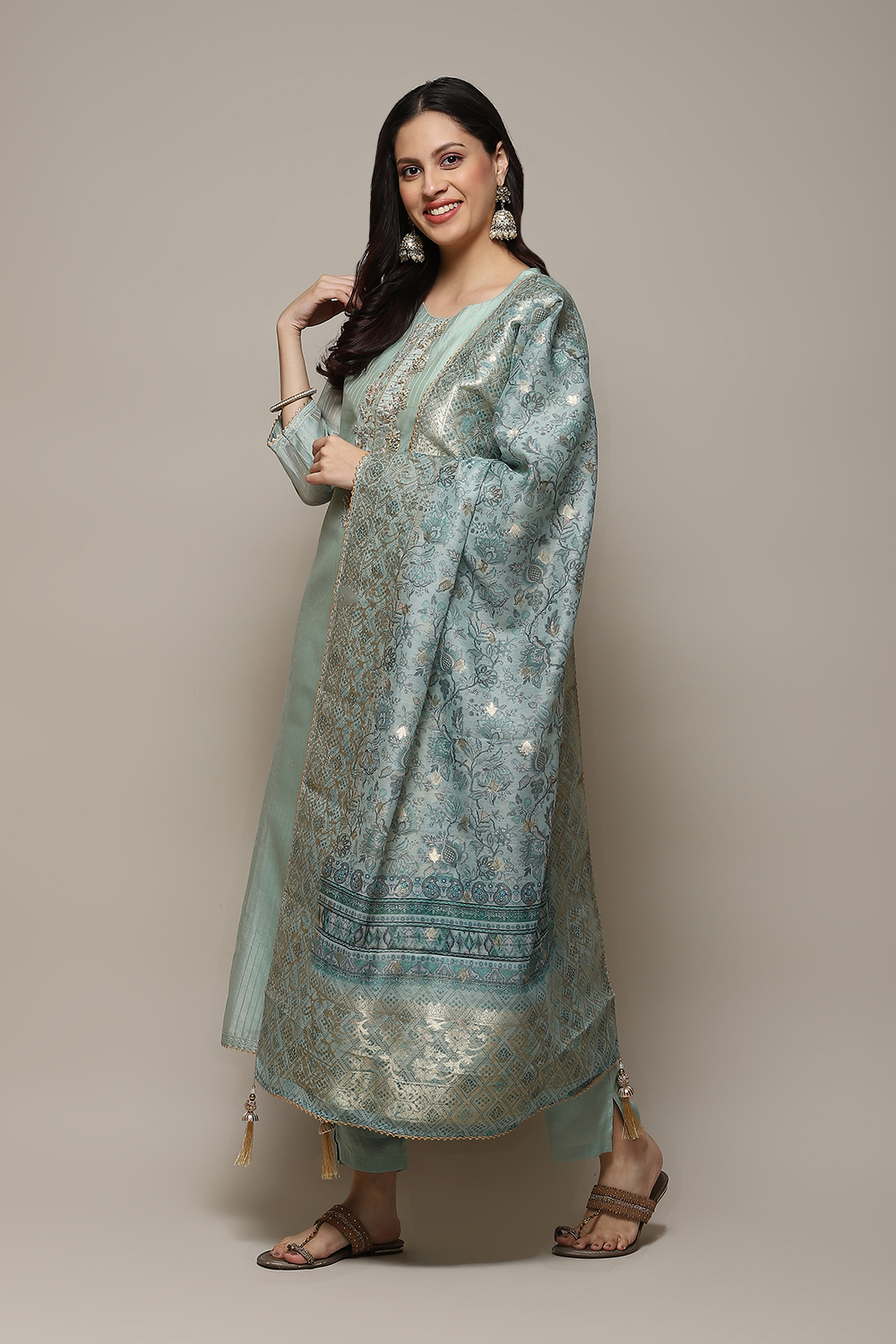 Sky Blue Chanderi Hand Embroidered Unstitched Suit Set image number 6
