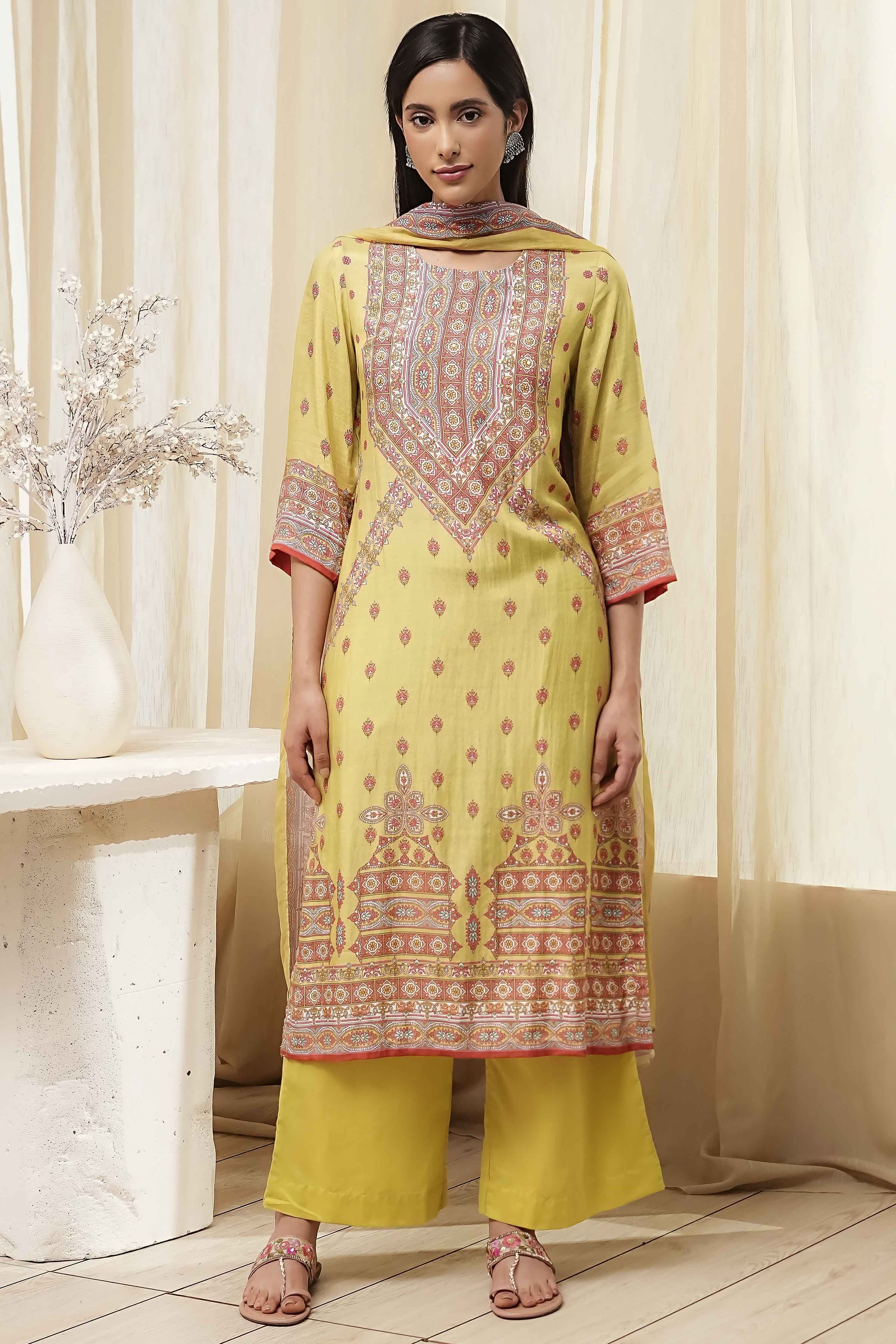 Green Modal Printed Straight Suit Set image number 6
