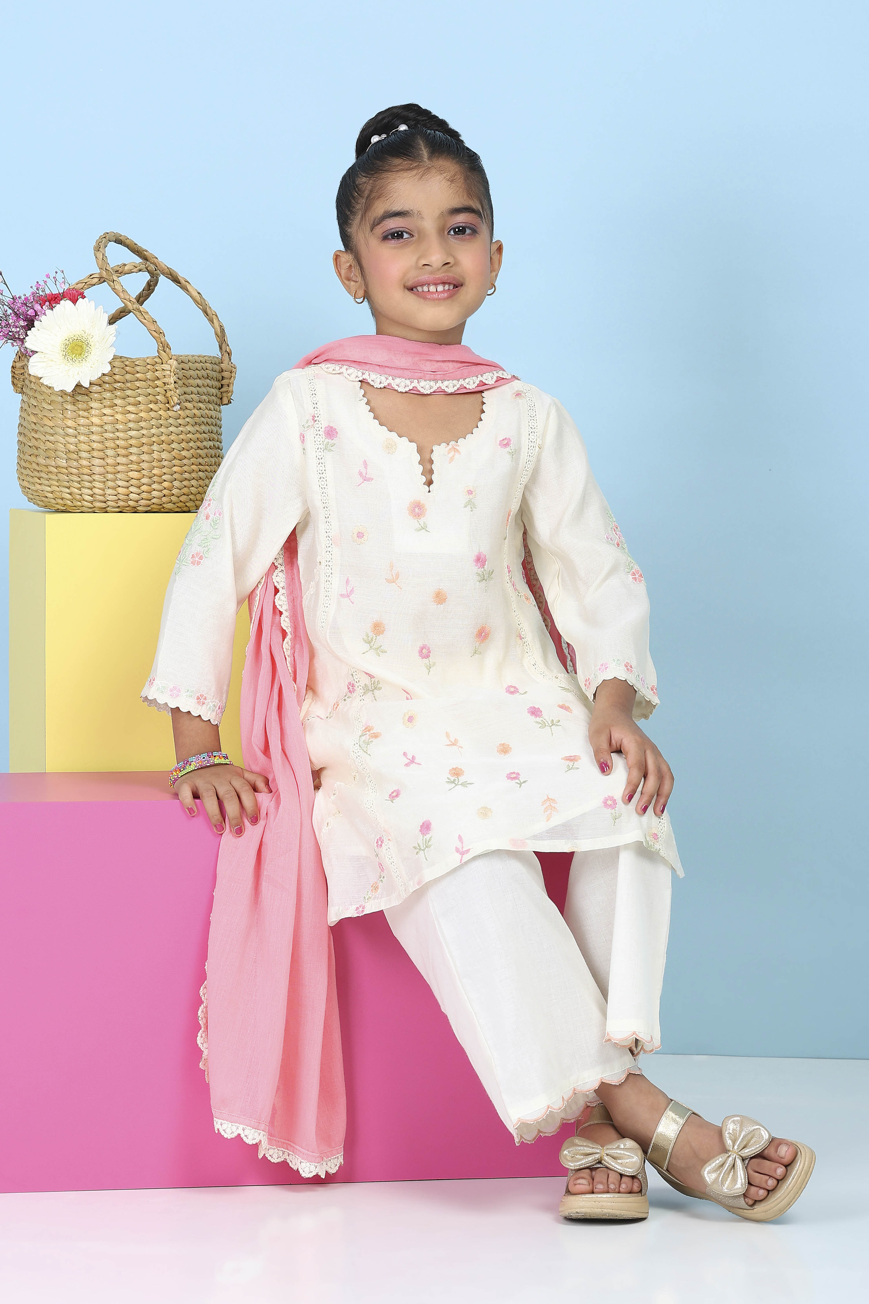 White Poly Chanderi Floral Printed A-Line Suit Set image number 0