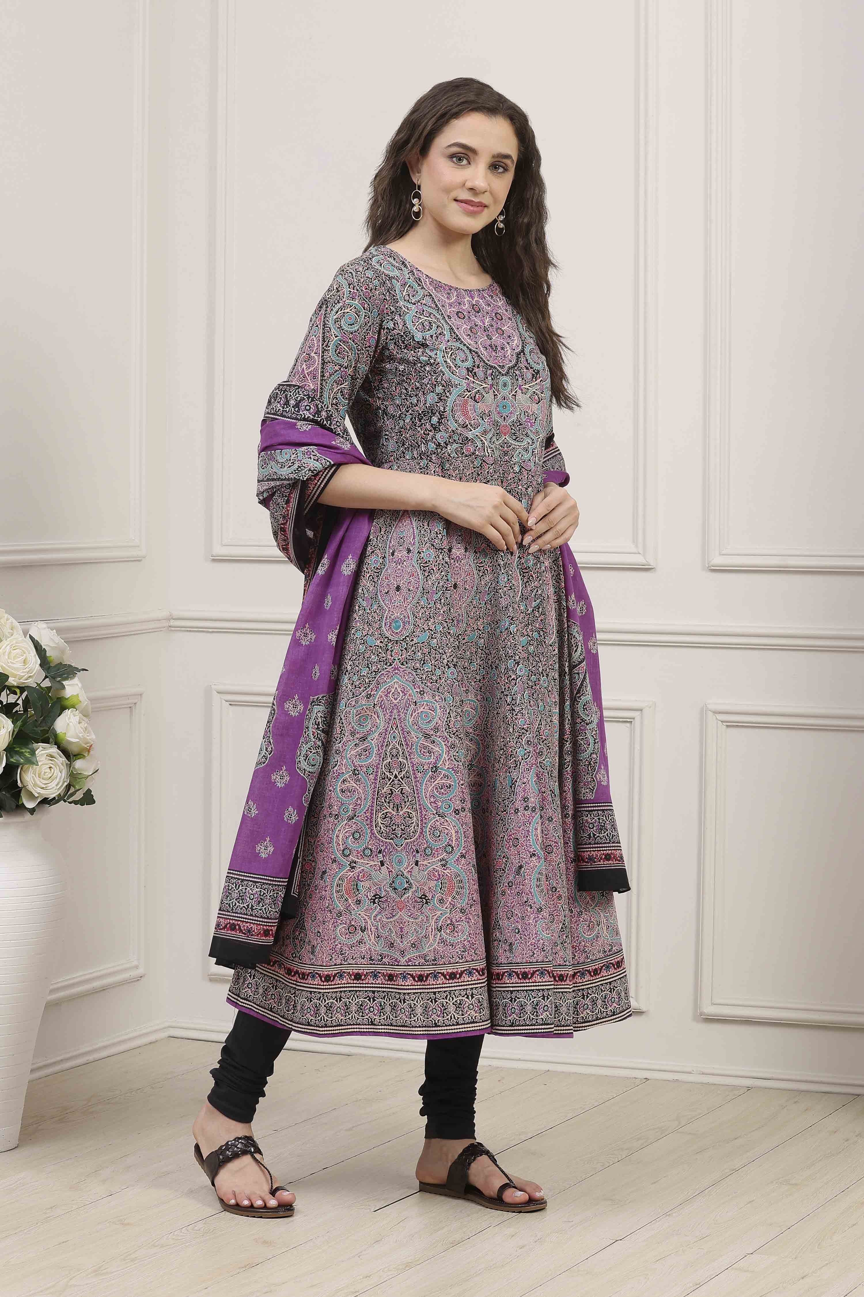 Purple Cotton Printed Anarkali Suit Set image number 5