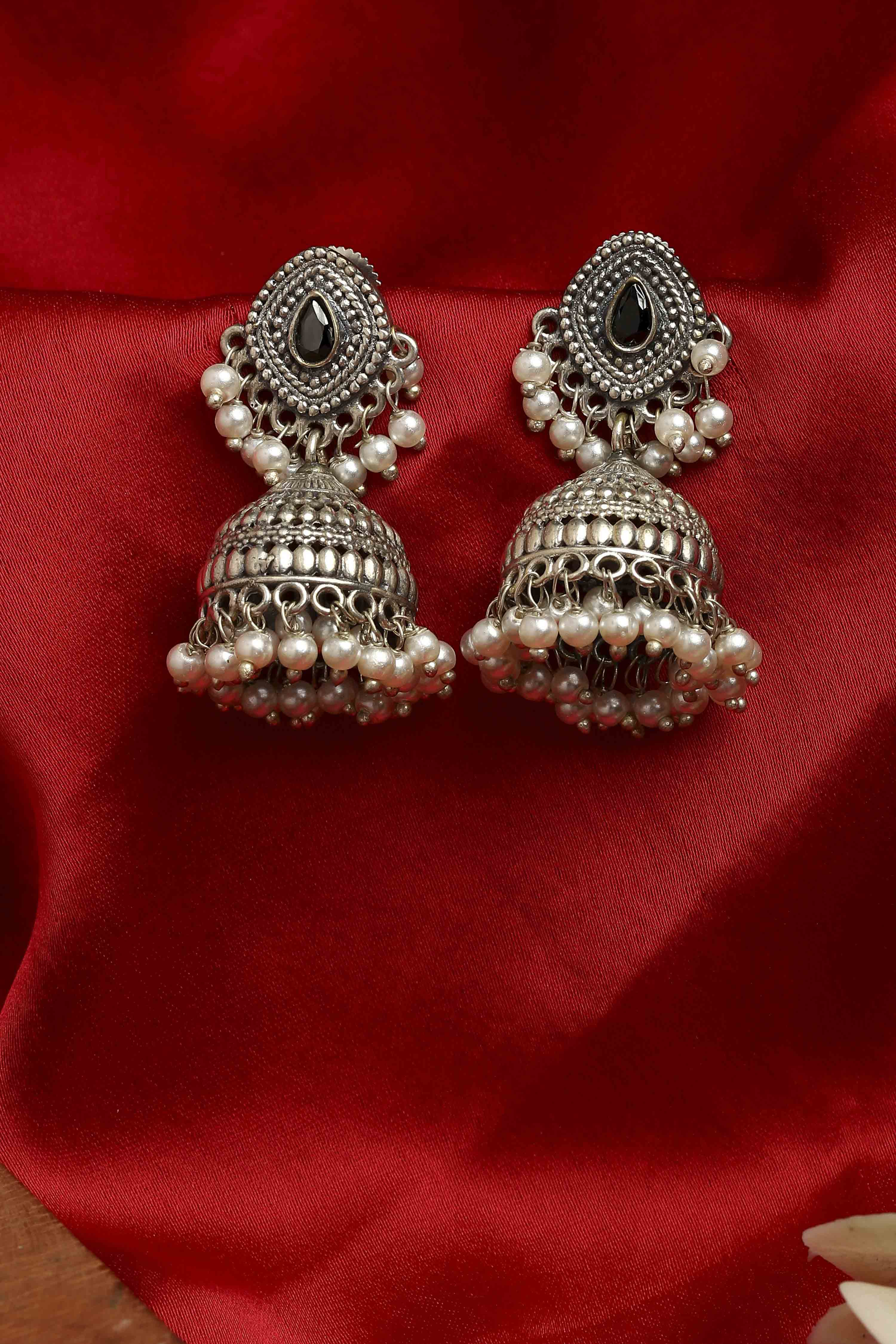 Black Oxidised Brass Studded Jhumkas image number 0