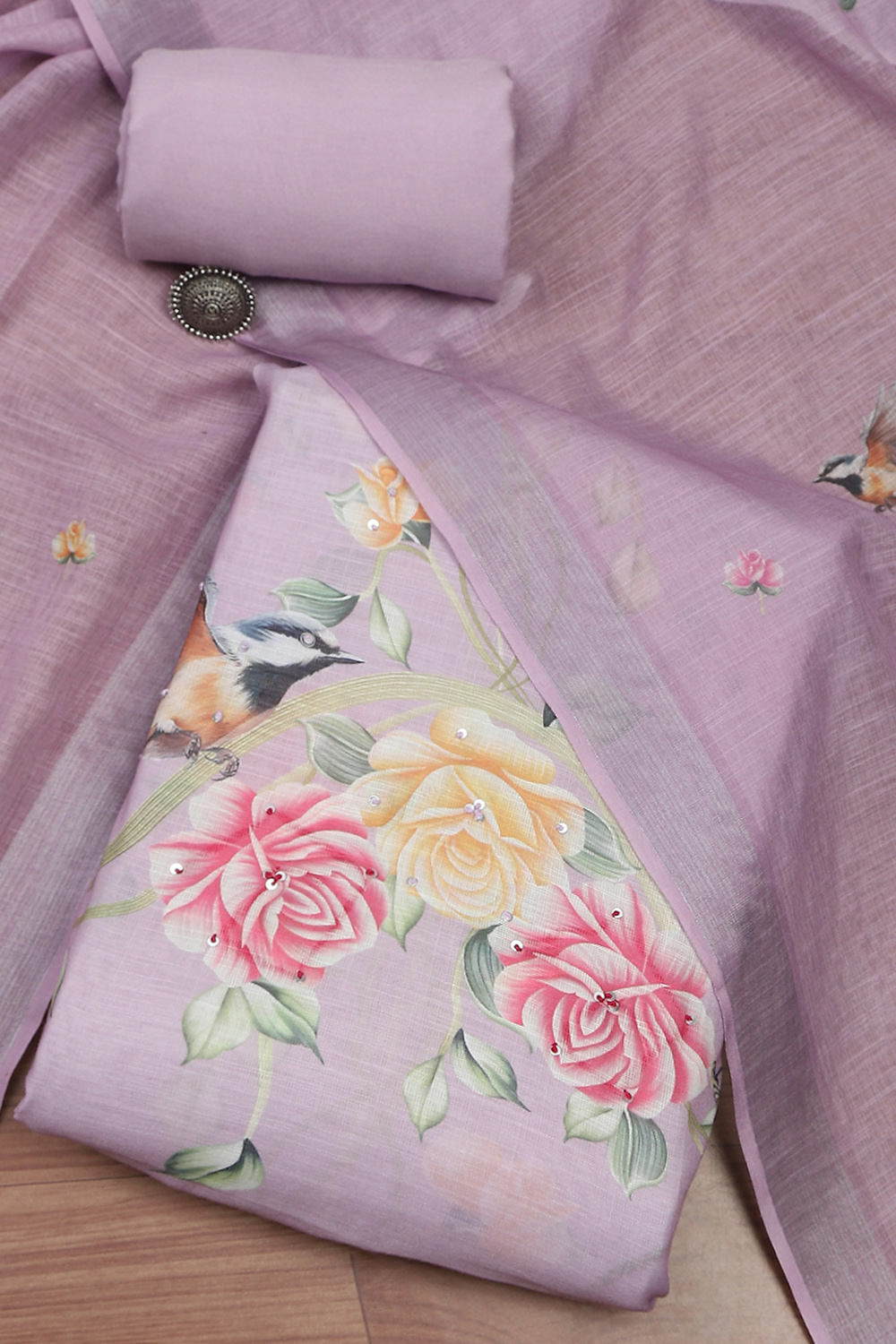 Blue Linen Printed Unstitched Suit Set image number 0