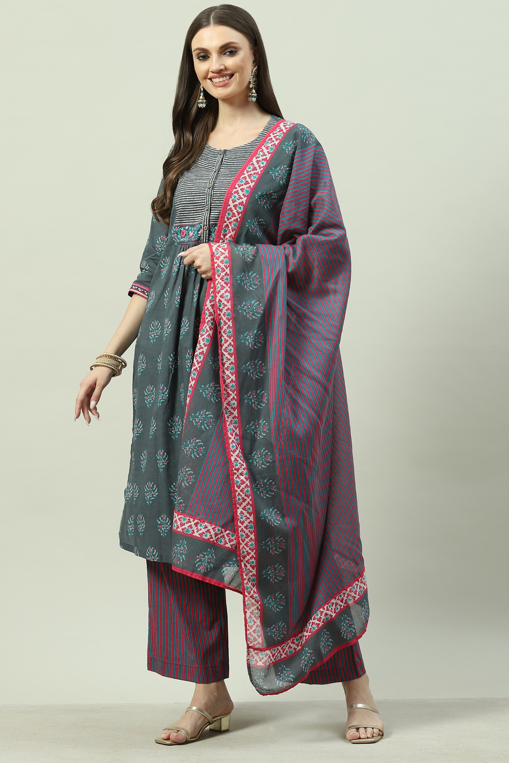 Blue Cotton Straight Suit Set image number 2