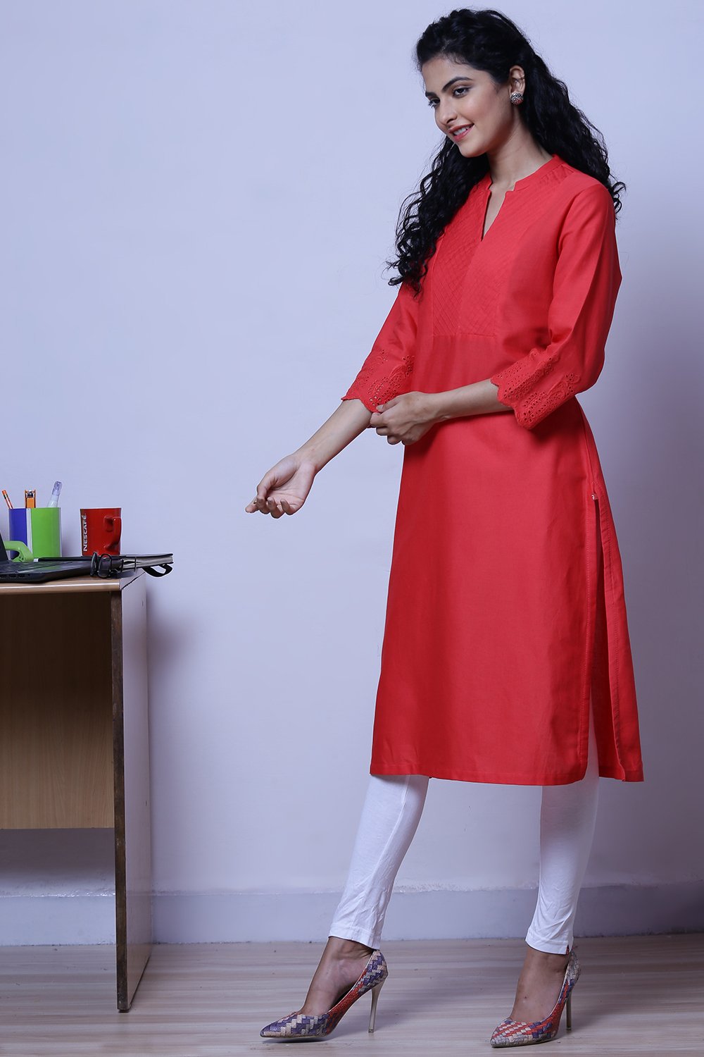 Peach Cotton Flax Kurta image number 2