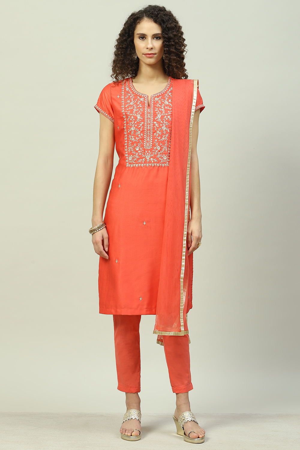 Mustard Art Silk Straight Kurta Slim Pants Suit Set image number 0