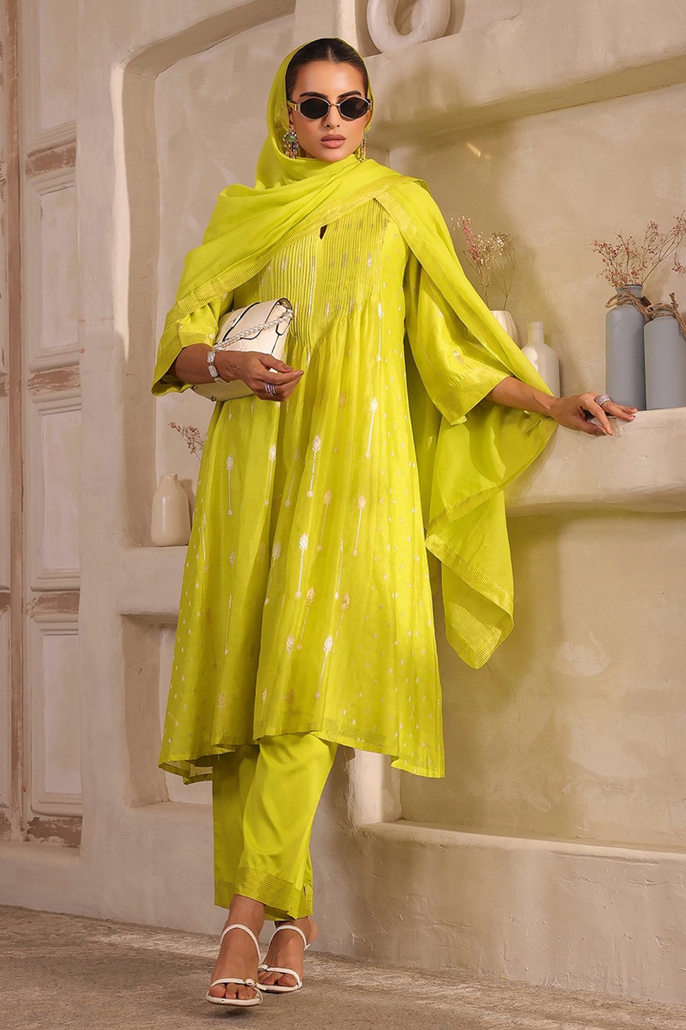 Lime Green Silk Gathered Yarndyed Suit Set image number 1