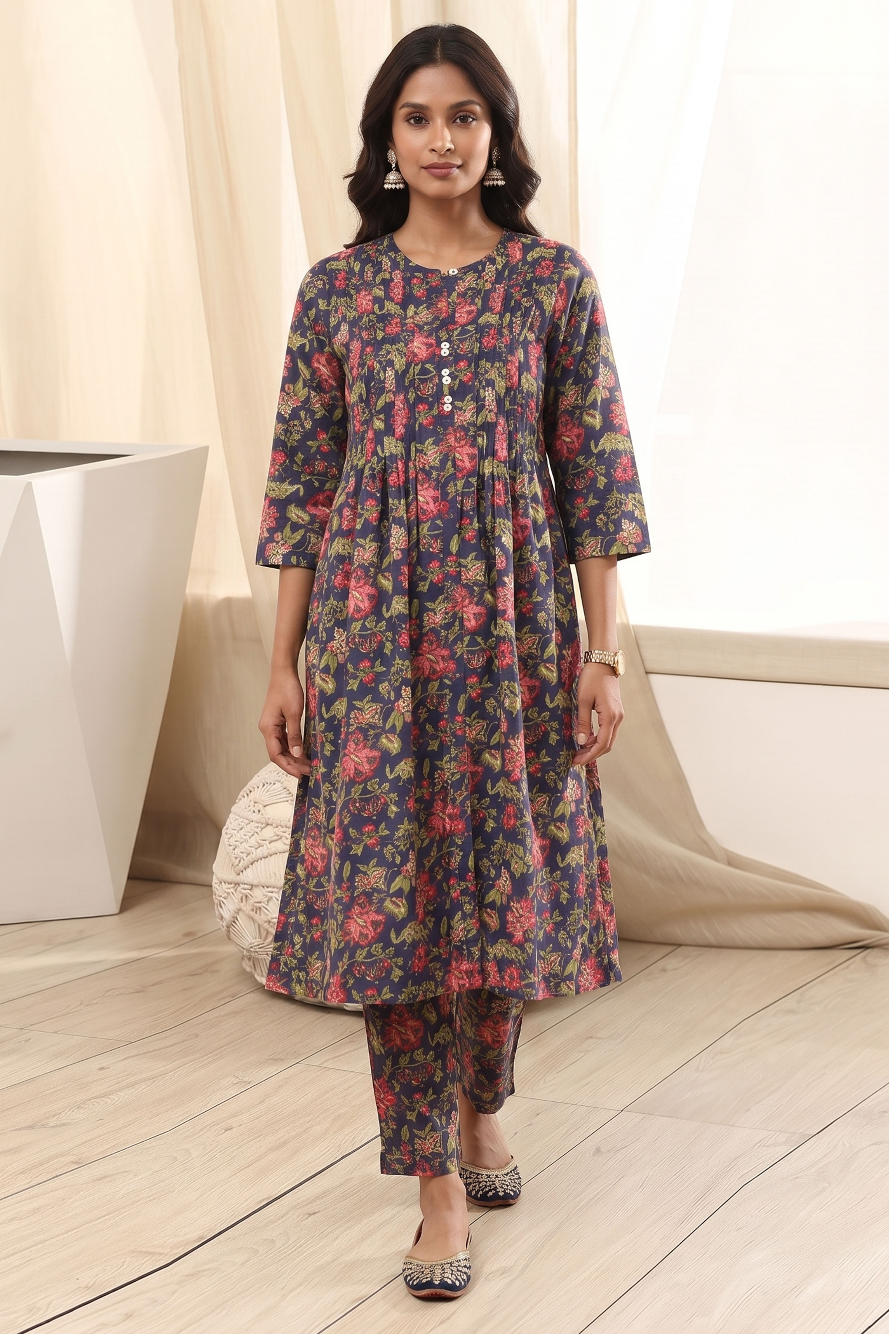 Navy Cotton Straight Kurta image number 5