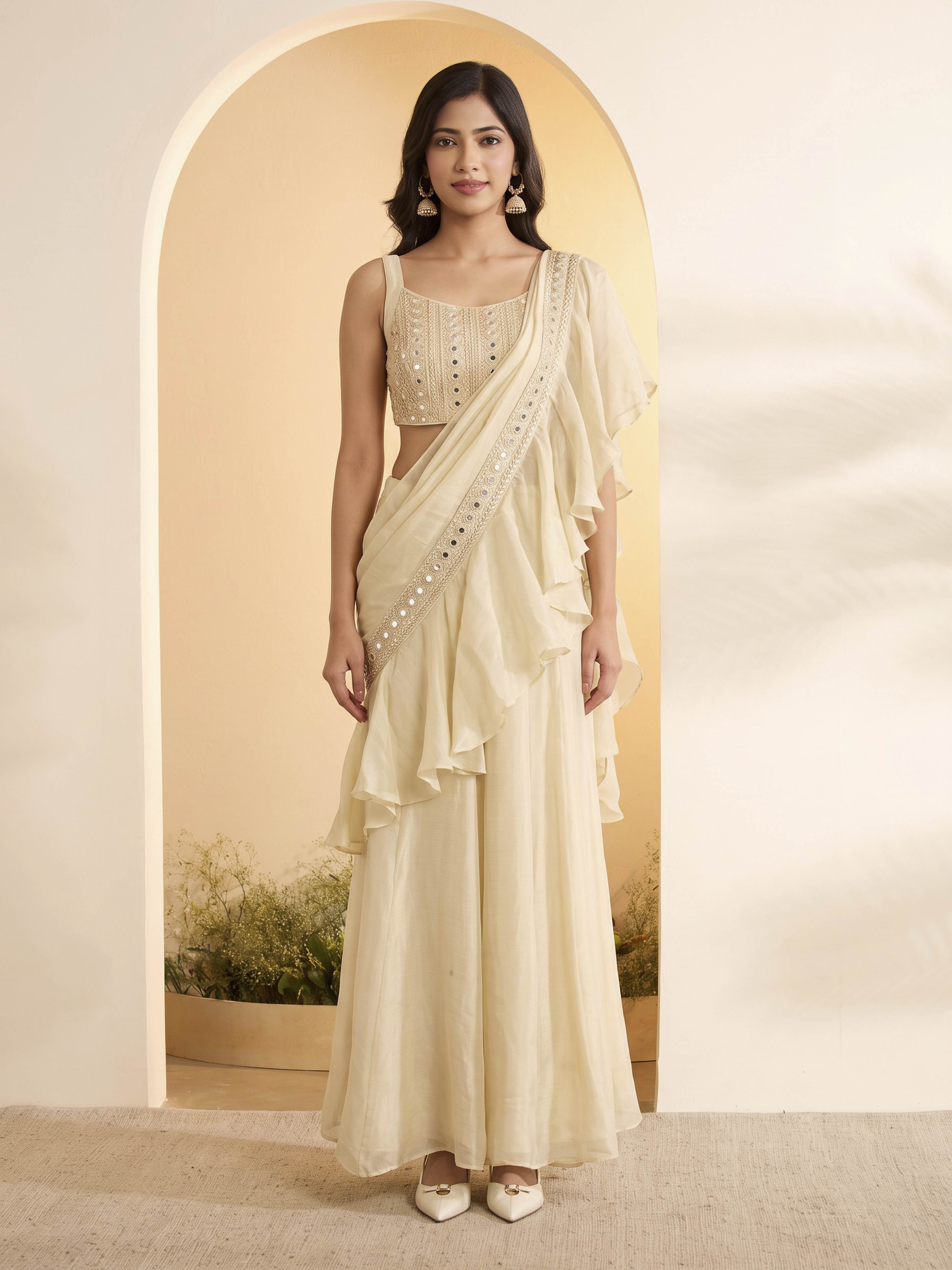 Ivory Viscose Rayon Gathered Saree image number 5