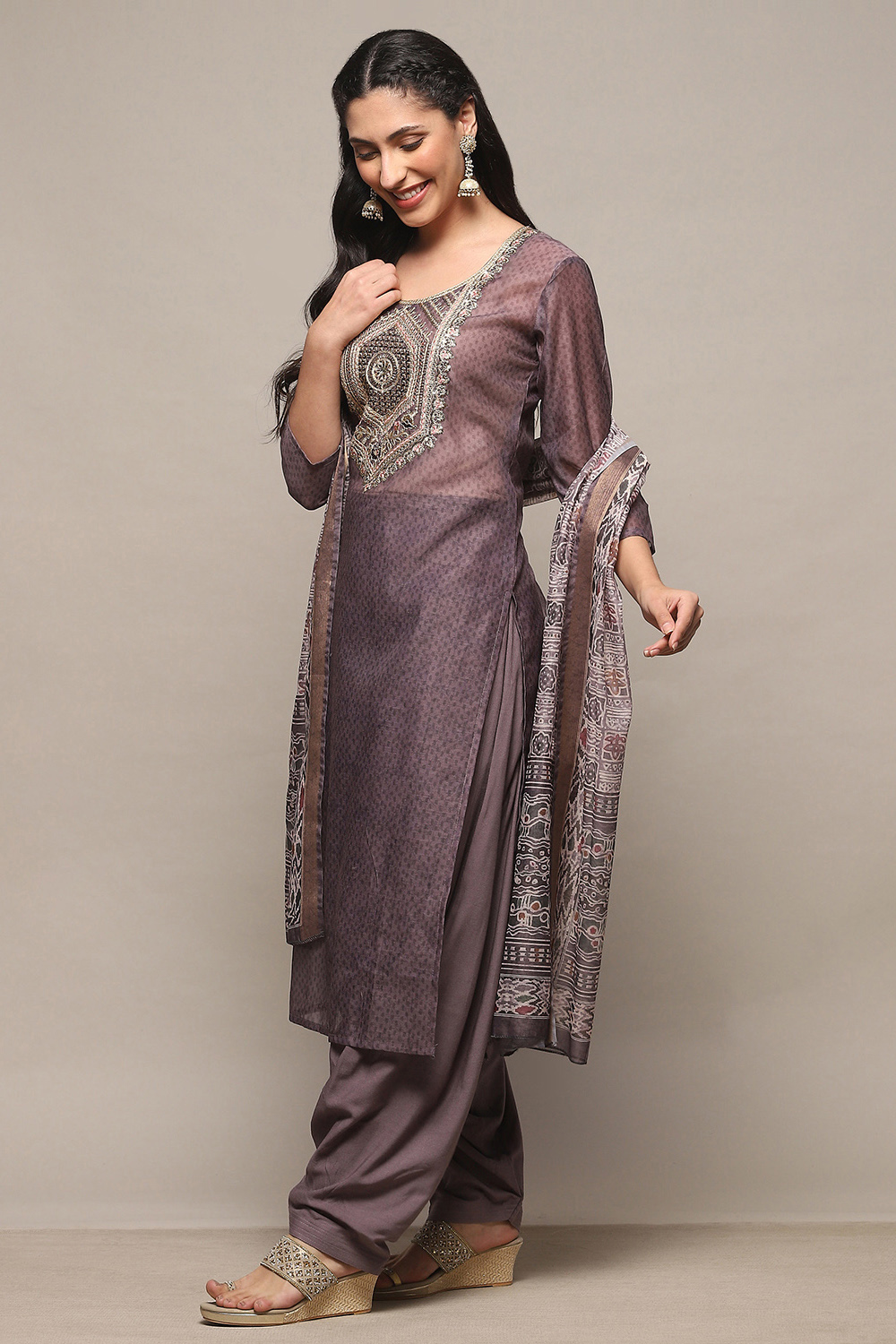 Earthy Green Chanderi Unstitched Suit Set image number 8
