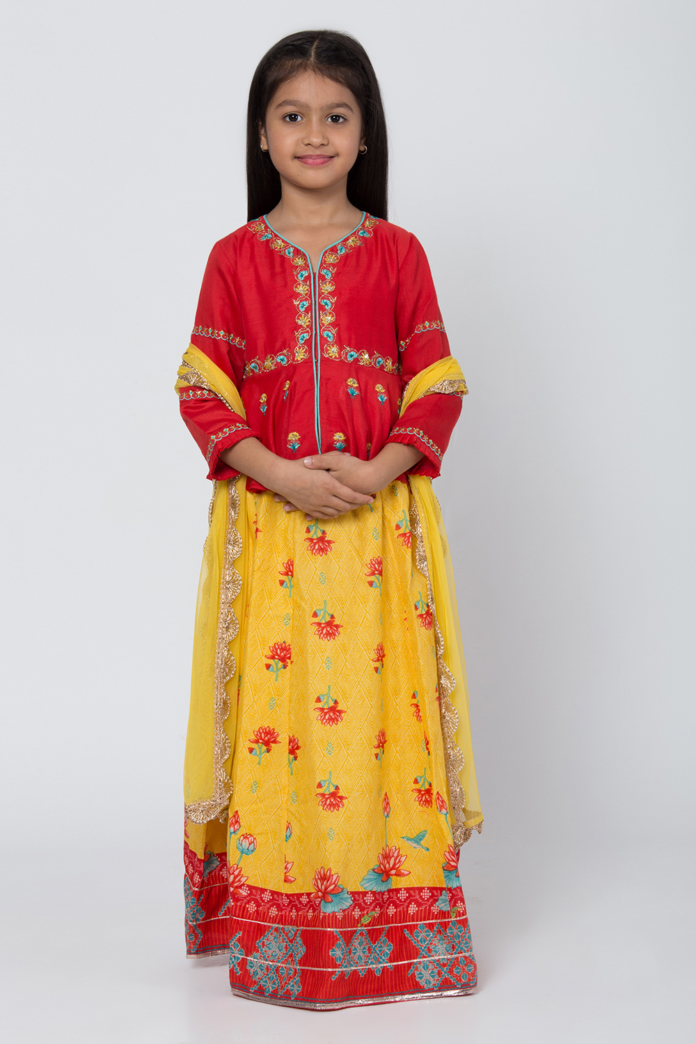 Red And Yellow Poly Cotton Lehenga Set image number 2